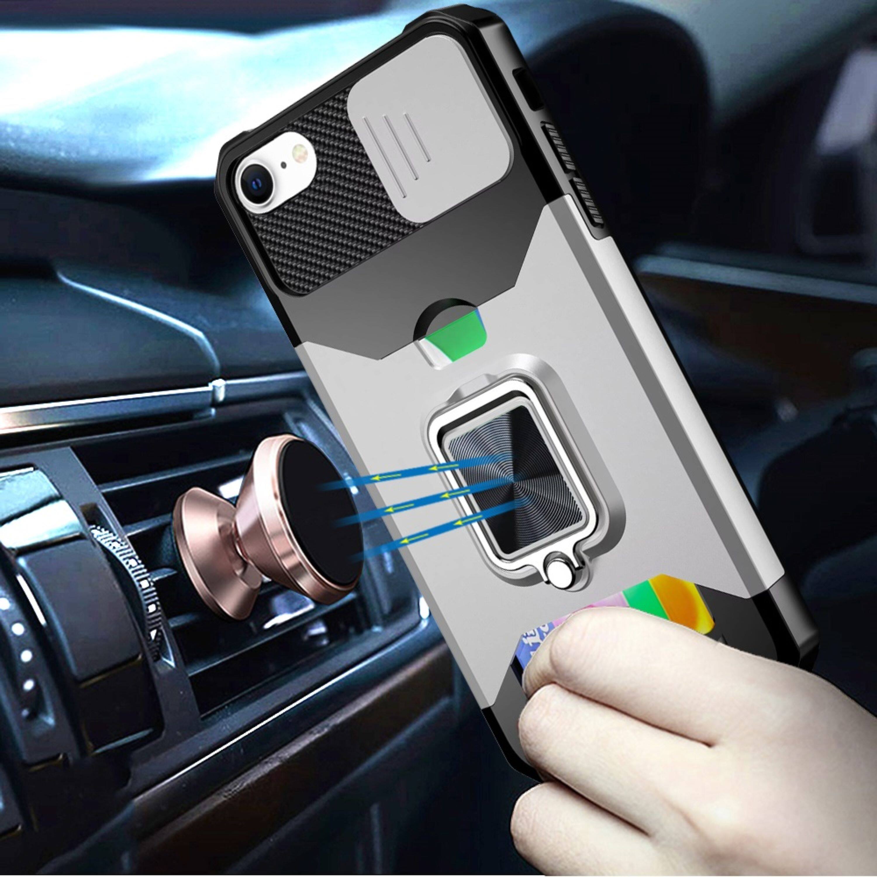 Angle. Kitcheniva - Rugged Multi-Use Card Magnetic Ring Stand Cover Phone Case With Tempered Glass For iPhone 16e/17e - Silver.