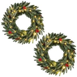 Costway - 2 PCS 24" Pre-lit Christmas Wreath Front Door Artificial Xmas Wreath with Red Berries - Green