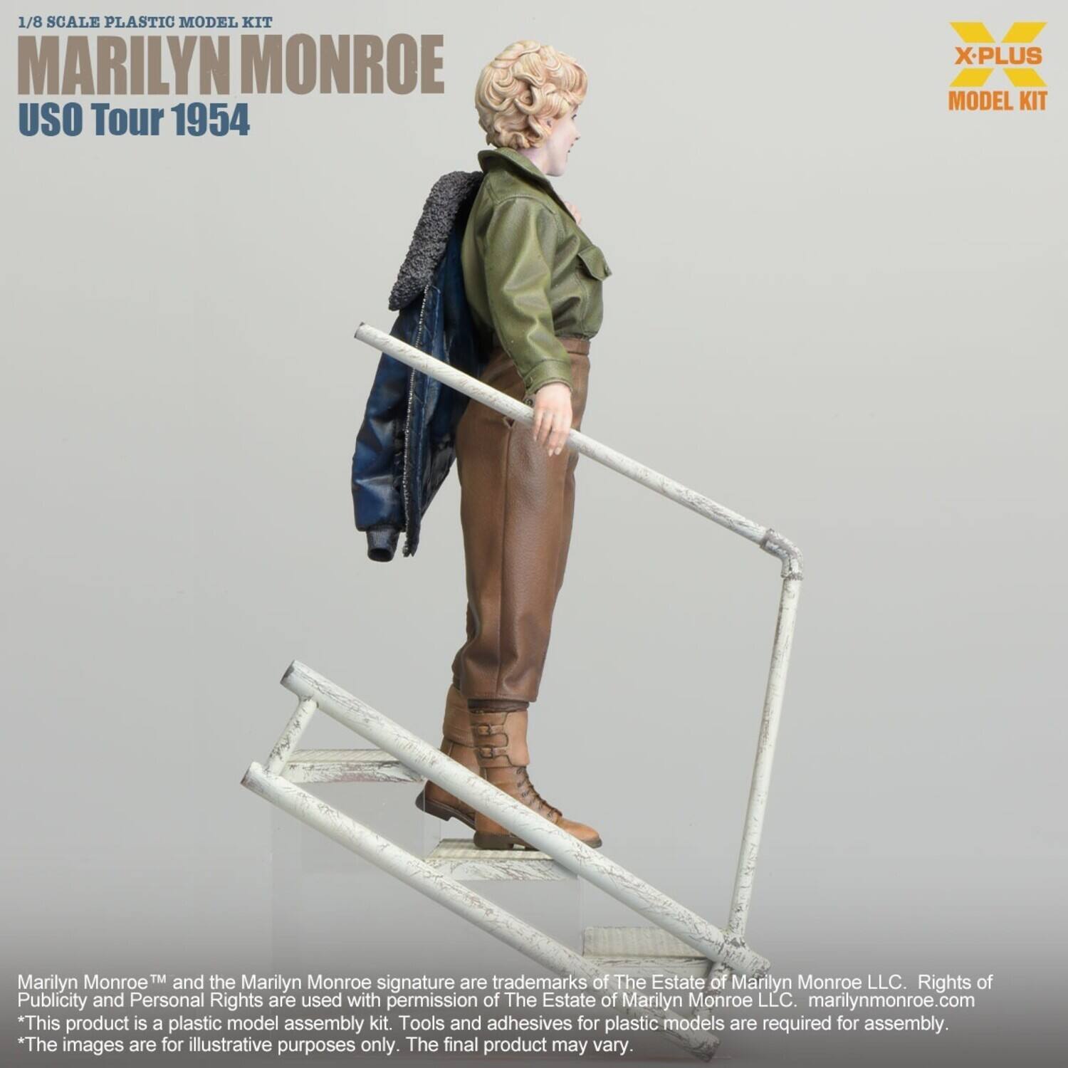 1/8 SCALE PLASTIC MODEL KIT  
MARILYN MONROE  
USO Tour 1954  

X-PLUS  
MODEL KIT  

Marilyn Monroe™ and the Marilyn Monroe signature are trademarks of The Estate of Marilyn Monroe LLC. Rights of Publicity and Personal Rights are used with permission of The Estate of Marilyn Monroe LLC. marilynmonroe.com  

*This product is a plastic model assembly kit. Tools and adhesives for plastic models are required for assembly.  
*The images are for illustrative purposes only. The final product may vary.