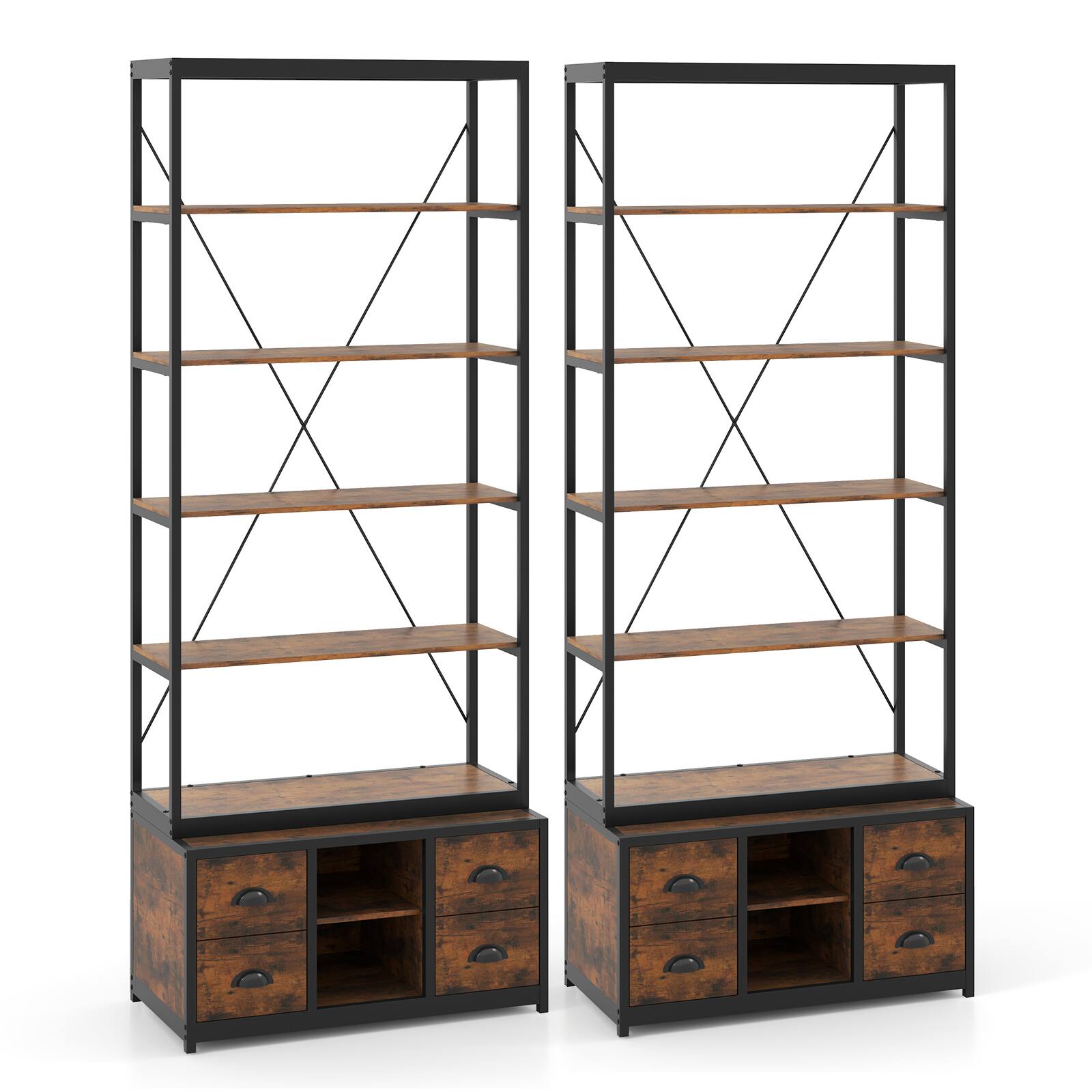 Alt View 9. Gymax - Gymax 2PCS 8-tier Bookshelf 79'' Freestanding Bookcase w/ 4 Fabric Drawers & Storage - Rustic Brown.