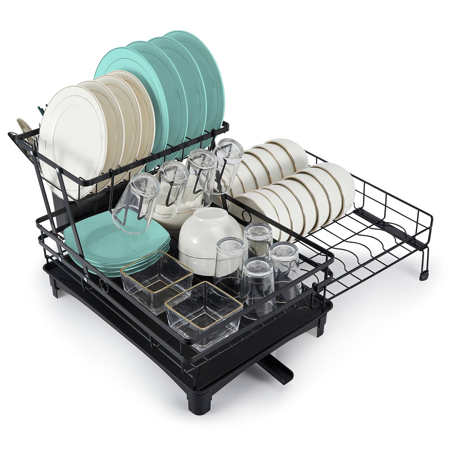 Angle. Sugift - 2-Tier Collapsible Expandable Dish Rack with Rust-Resistant Stainless Steel Frame - Black.