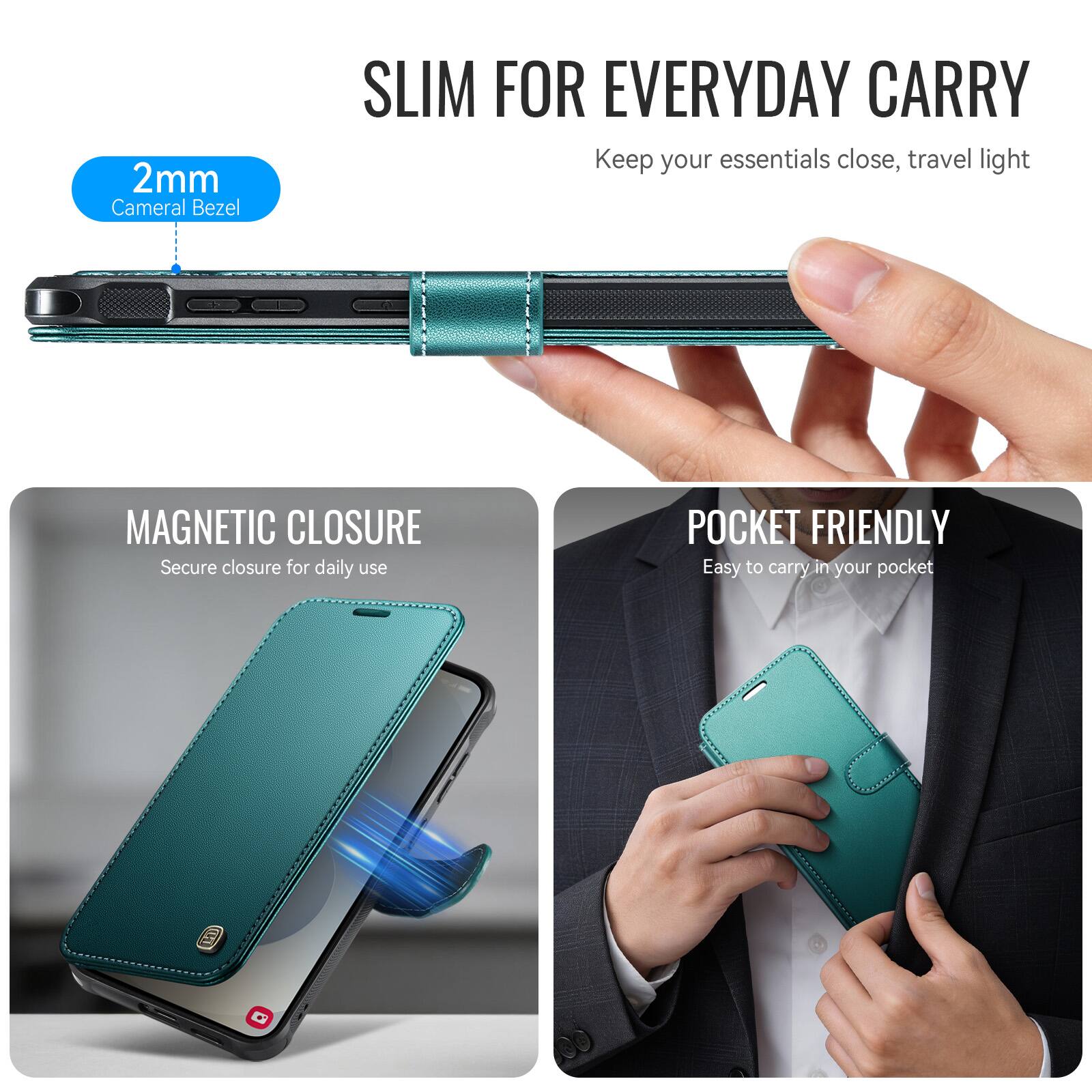 SLIM FOR EVERYDAY CARRY  
Keep your essentials close, travel light

2mm Camera Bezel

MAGNETIC CLOSURE  
Secure closure for daily use

POCKET FRIENDLY  
Easy to carry in your pocket