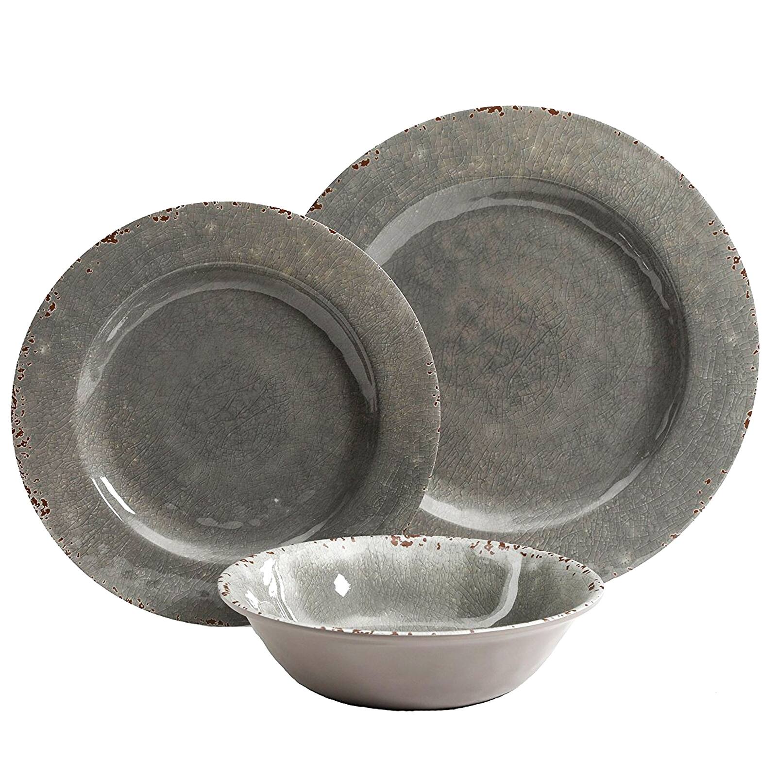 Alt View 4. Studio California - Studio California Mauna 12 Piece Dinnerware Set in  Gray Crackle Look Decal - Gray.