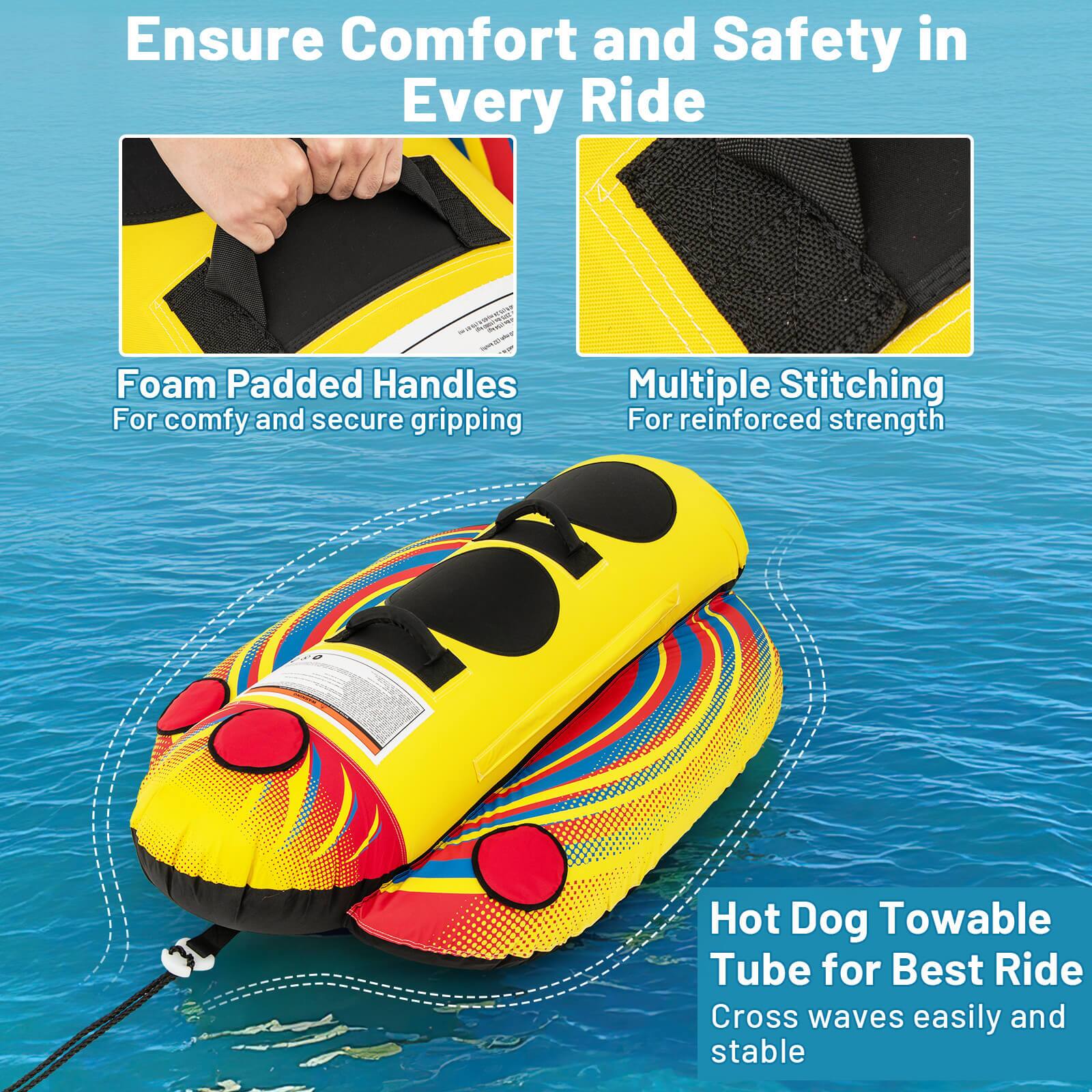 Ensure Comfort and Safety in Every Ride - SNRP Foam Padded Handles For comfy and secure gripping Multiple Stitching For reinforced strength Hot Dog Towable Tube for Best Ride Cross waves easily and stable
