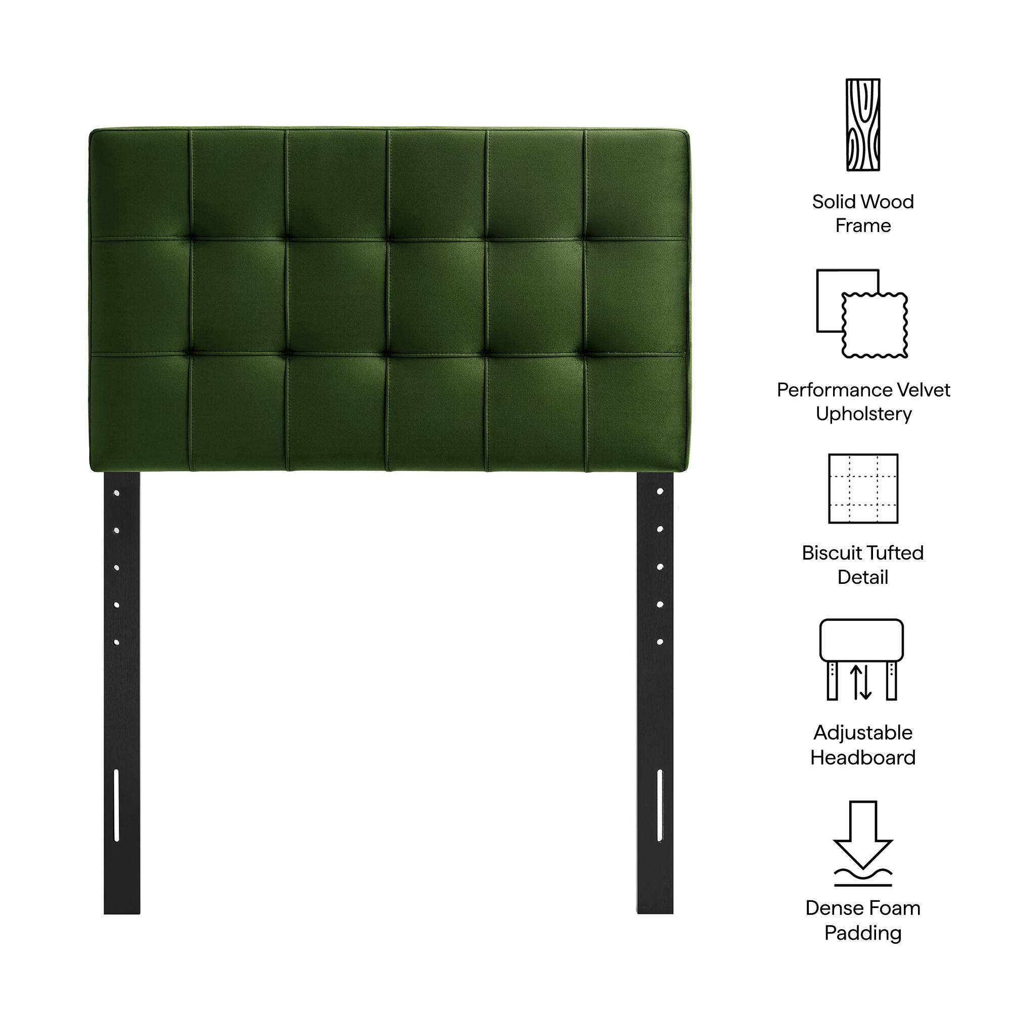Solid Wood Frame  
Performance Velvet Upholstery  
Biscuit Tufted Detail  
Adjustable Headboard  
Dense Foam Padding