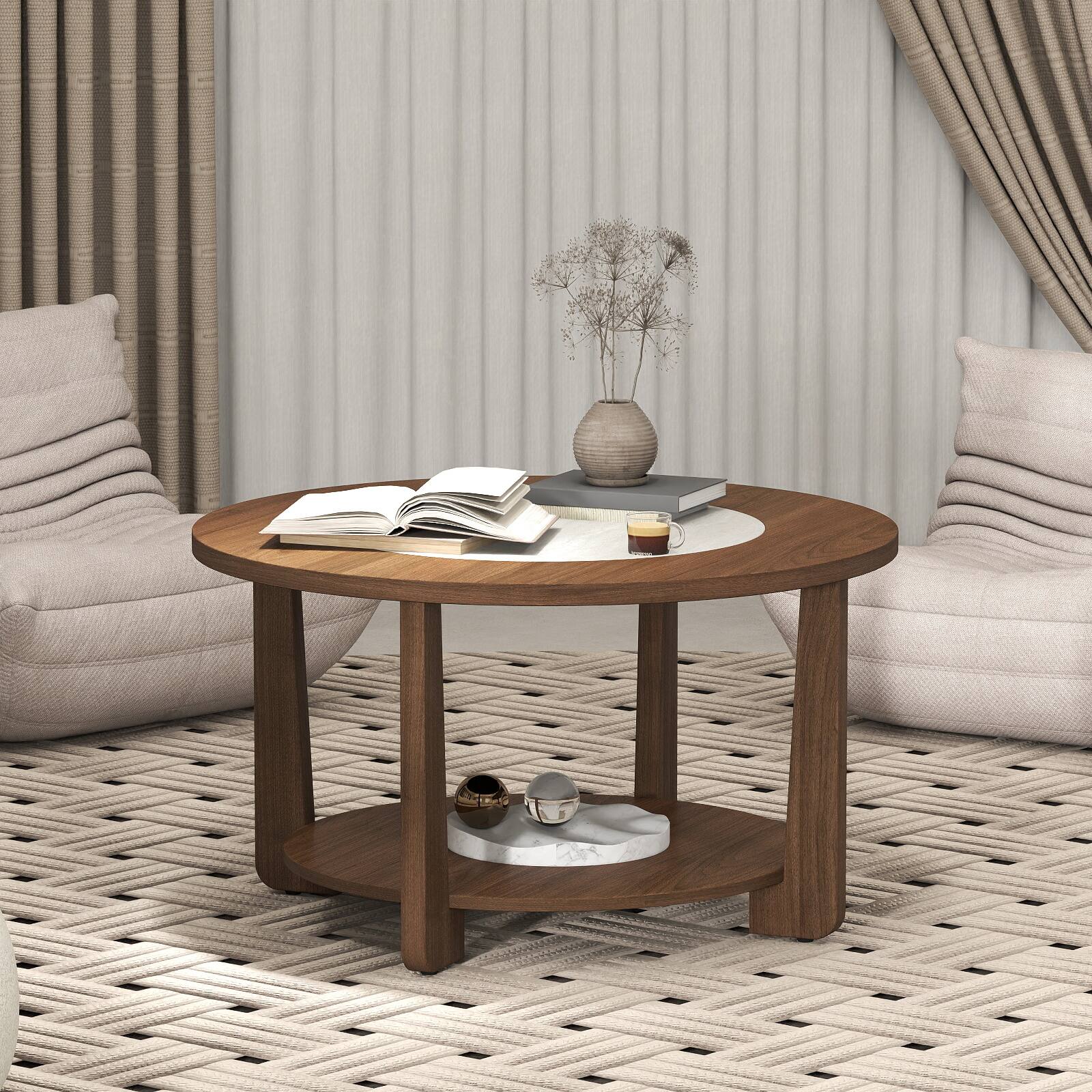 Alt View 1. Gymax - Gymax Round Coffee Table w/ 2-Tone Tabletop & Open Storage Shelf Wood Support Legs - Brown.