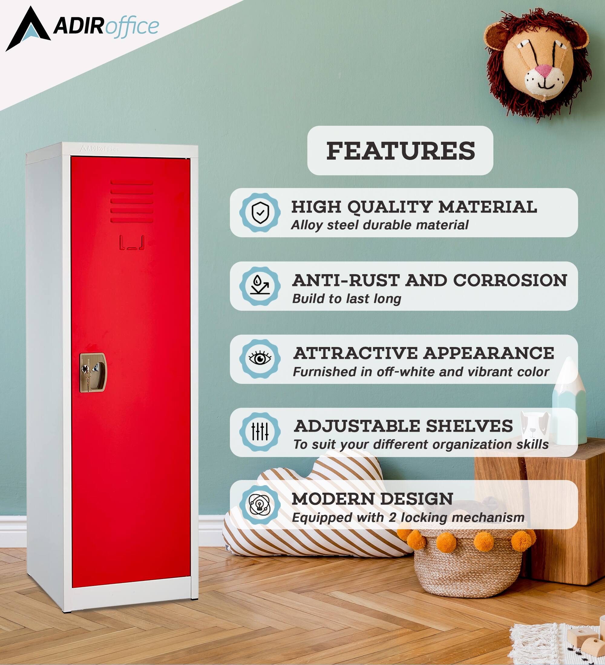 **ADIR office**

**FEATURES**

- **HIGH QUALITY MATERIAL**  
  Alloy steel durable material

- **ANTI-RUST AND CORROSION**  
  Build to last long

- **ATTRACTIVE APPEARANCE**  
  Furnished in off-white and vibrant color

- **ADJUSTABLE SHELVES**  
  To suit your different organization skills

- **MODERN DESIGN**  
  Equipped with 2 locking mechanism