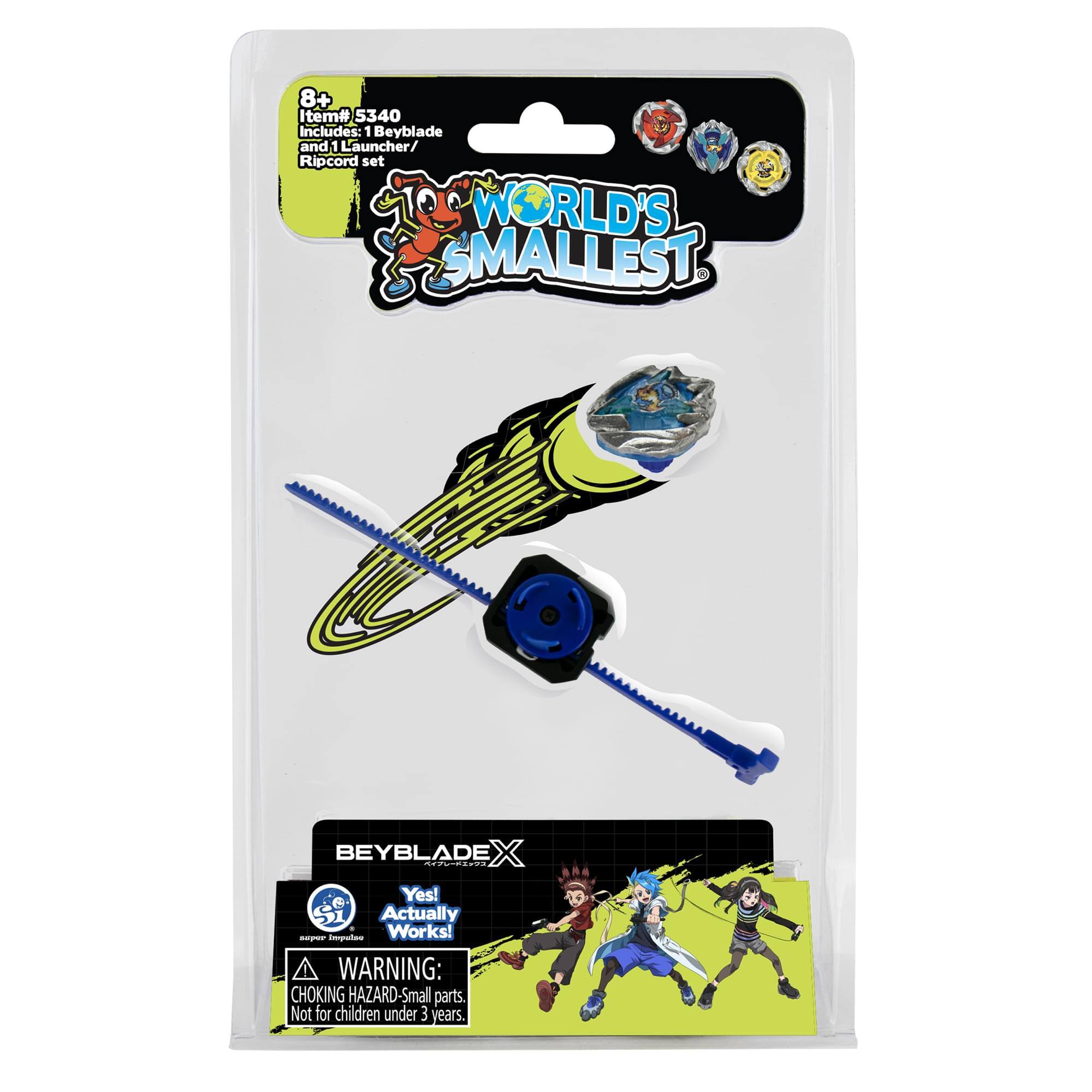 8+ Item# 5340 Includes: 1 Beyblade and 1 Launcher/Ripcord set WORLD'S SMALLEST BEYBLADE X Yes! Actually Works! WARNING: CHOKING HAZARD-Small parts. Not for children under 3 years.