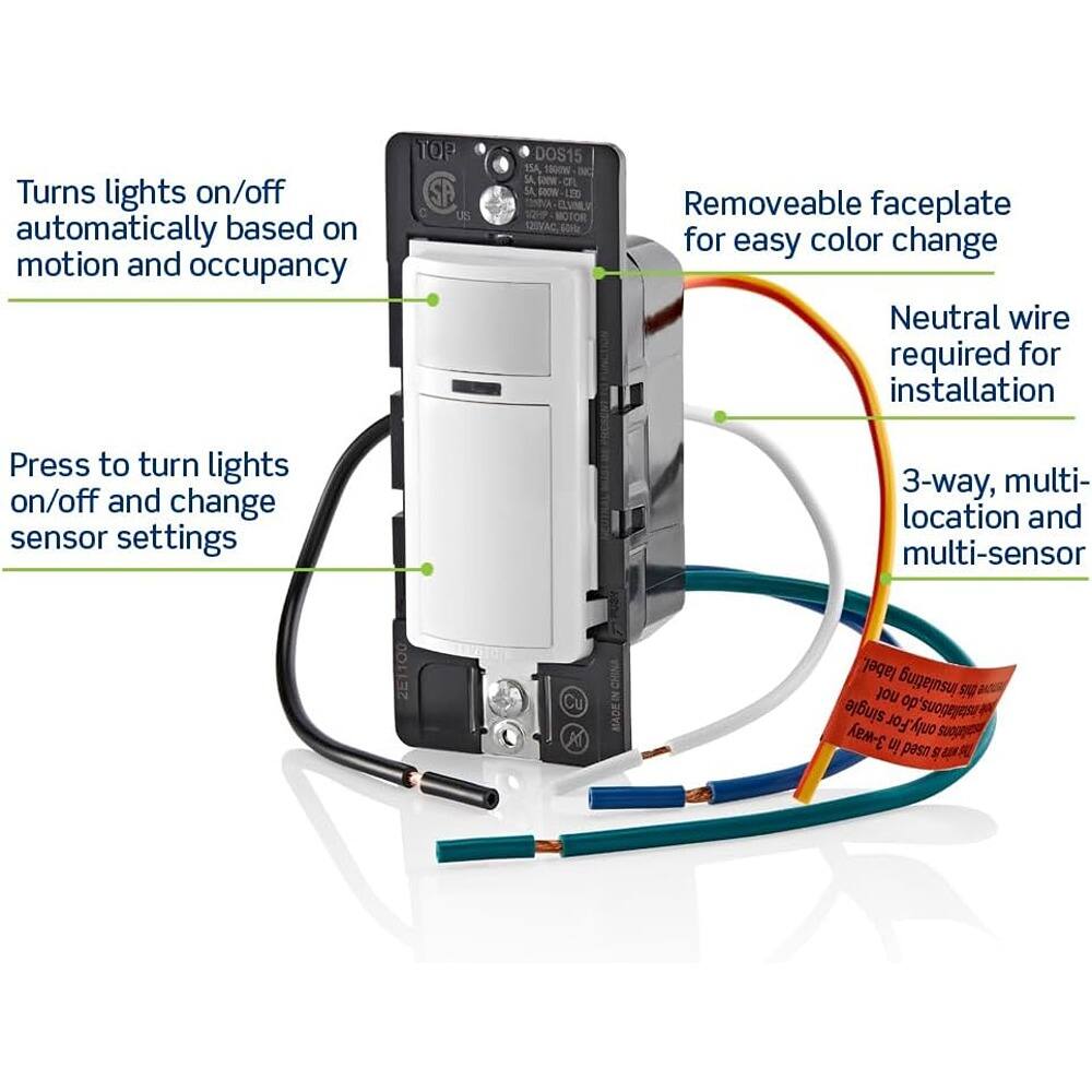 - Turns lights on/off automatically based on motion and occupancy
- Press to turn lights on/off and change sensor settings
- Removable faceplate for easy color change
- Neutral wire required for installation
- 3-way, multi-location and multi-sensor