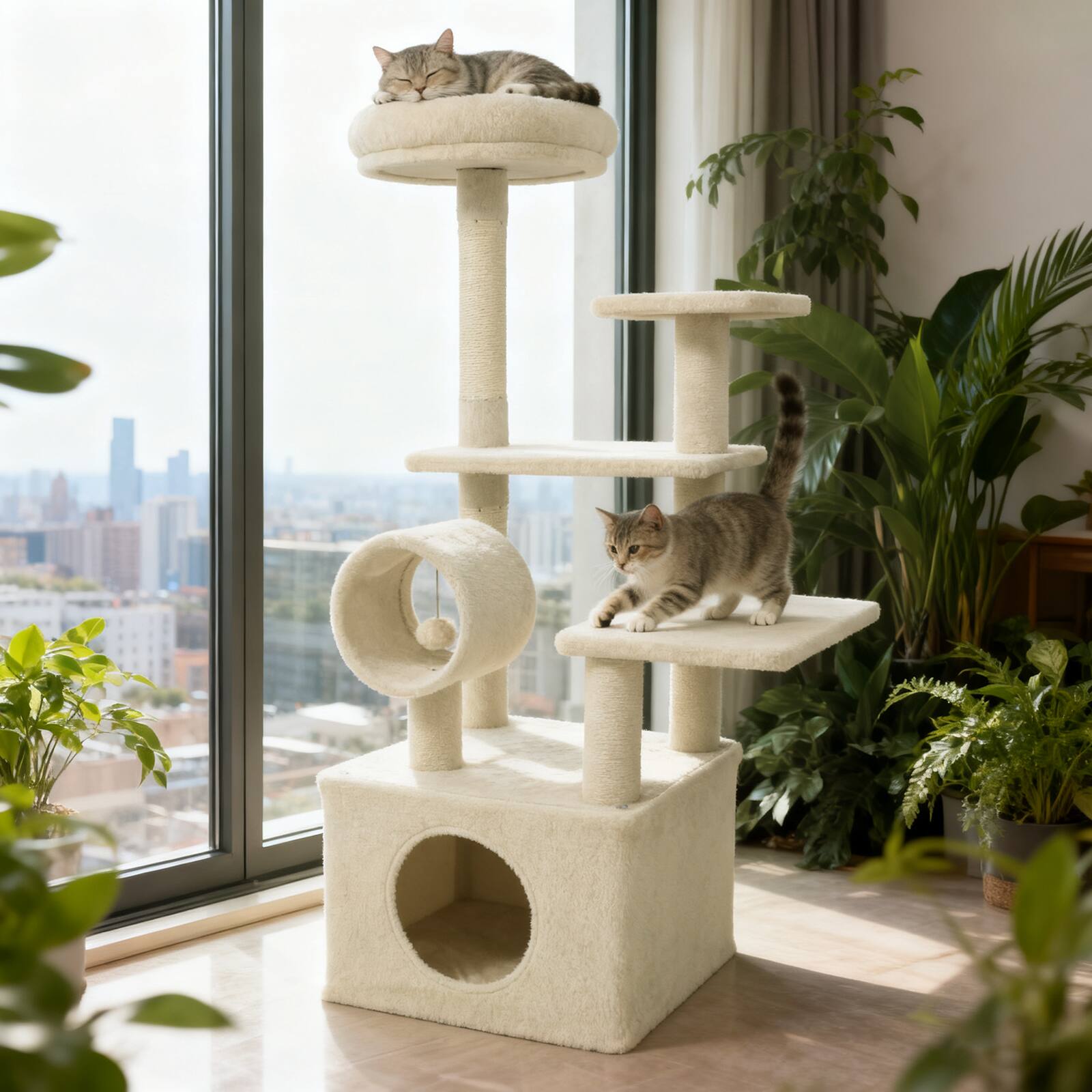 Alt View 3. Gymax - Gymax 48'' Tall Cat Tree w/ Large Condo Padded Top Perch Jute Scratching Post Tunnel Beige.