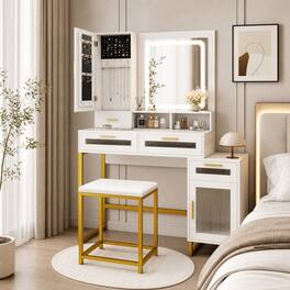 WELLFOR - Makeup Vanity Desk with 3 Color Lighted Mirror & Charging Station ,Dressing Table with Jewelry Cabinet and Padded Stool - White