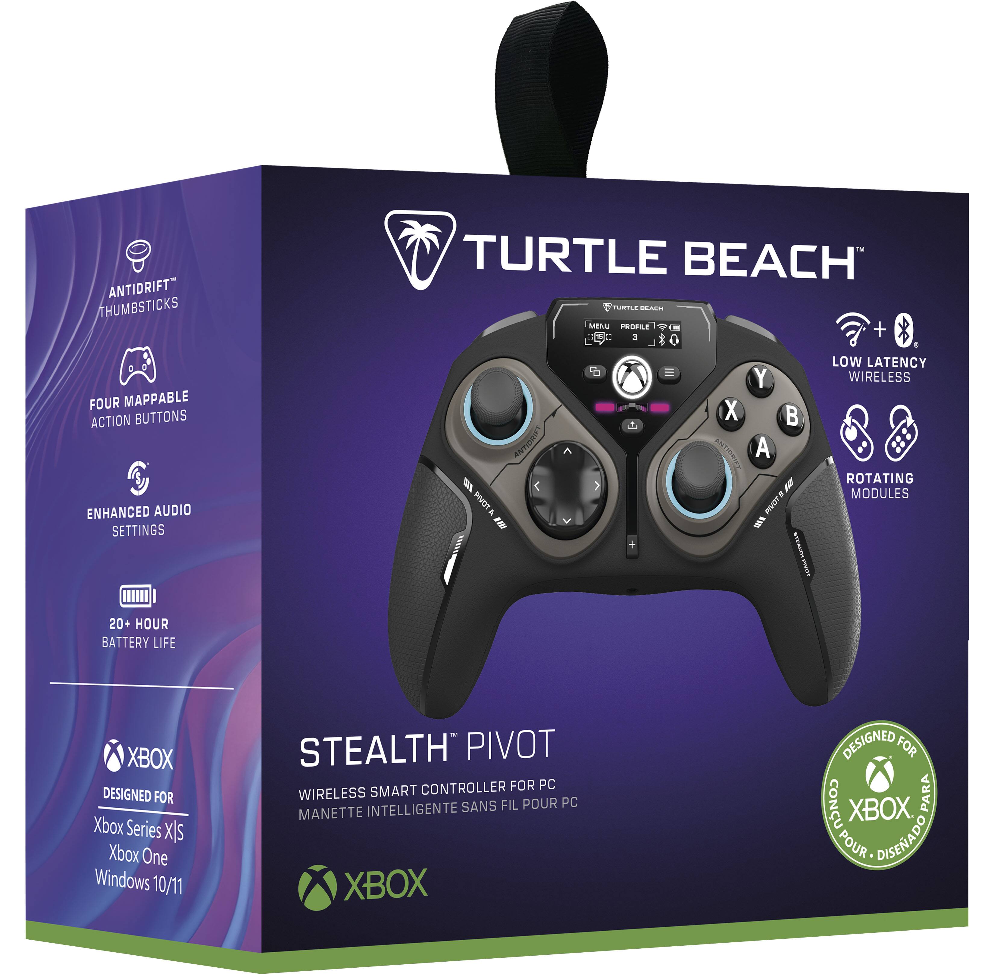 The text on the image is grouped and corrected as follows:

"Turtle Beach Stealth Pivot Controller for PC:

- Antidrift thumbsticks
- Four mappable action buttons
- Enhanced audio settings
- Turtle Beach designed for Xbox Series X|S, Xbox One, Windows 10/11
- 20+ hour battery life
- Wireless smart controller for PC
- Rotating D-pad
- Modules included
- Xbox designed for Xbox Series X|S, Xbox One, Windows 10/11
- Stealth Pivot controller for PC
- Manette intelligente
- Wireless smart controller for PC
- Xbox designed for Xbox Series X|S, Xbox One, Windows 10/11"