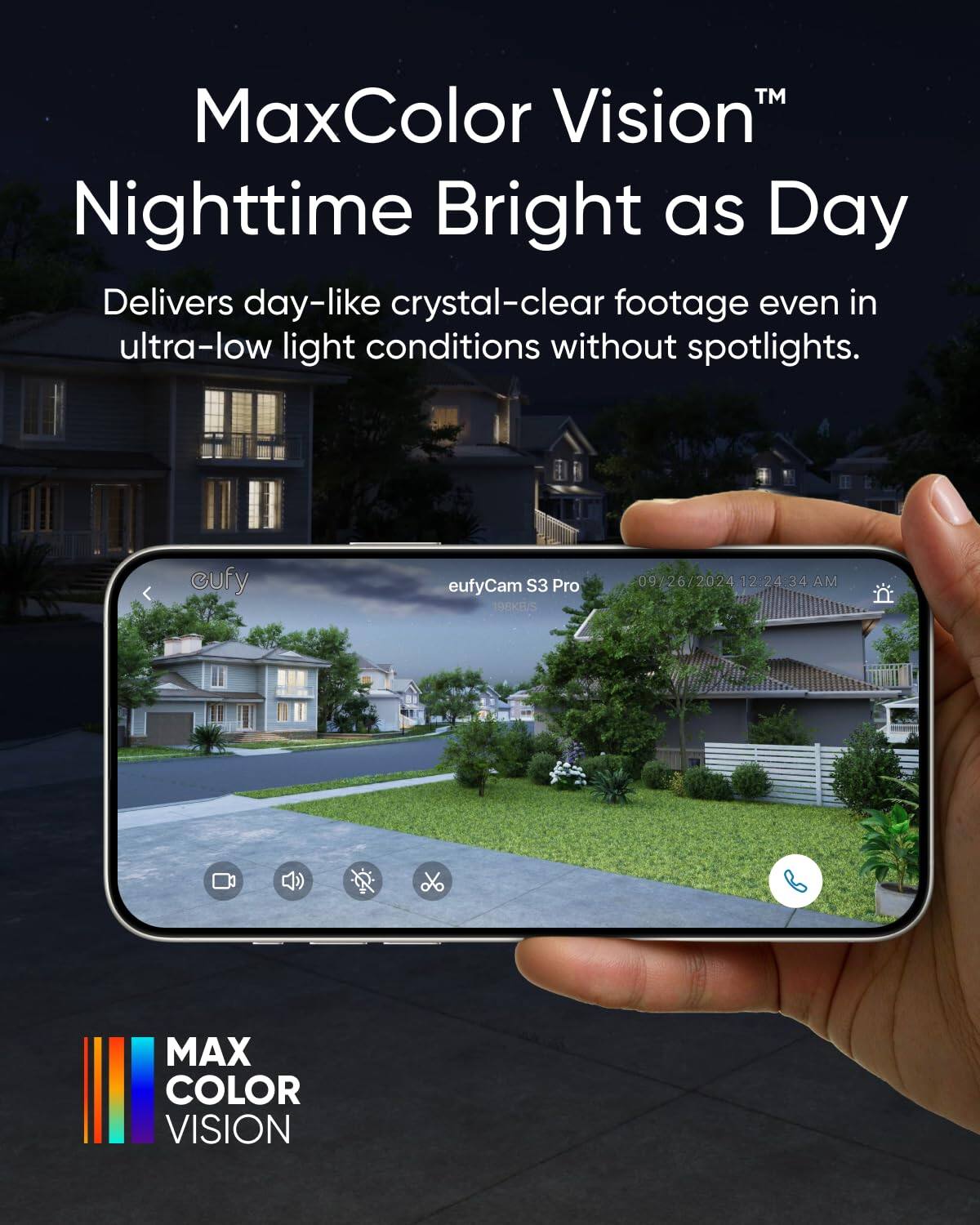 MaxColor Vision, Nighttime Bright as Day, Delivers day-like crystal-clear footage even in ultra-low light conditions without spotlights, cufy, eufyCam S3 Pro, 196KEUS, 09/26/2024 12:24:34 AM, MAX COLOR VISION