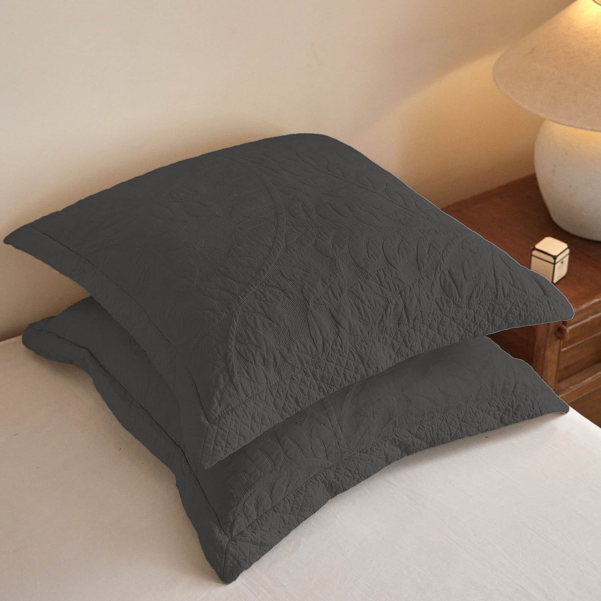 MarCielo - 100% Cotton Embroidered Quilted Pillow Shams Set of 2, 26"x26" Euro Size - Dark Gray