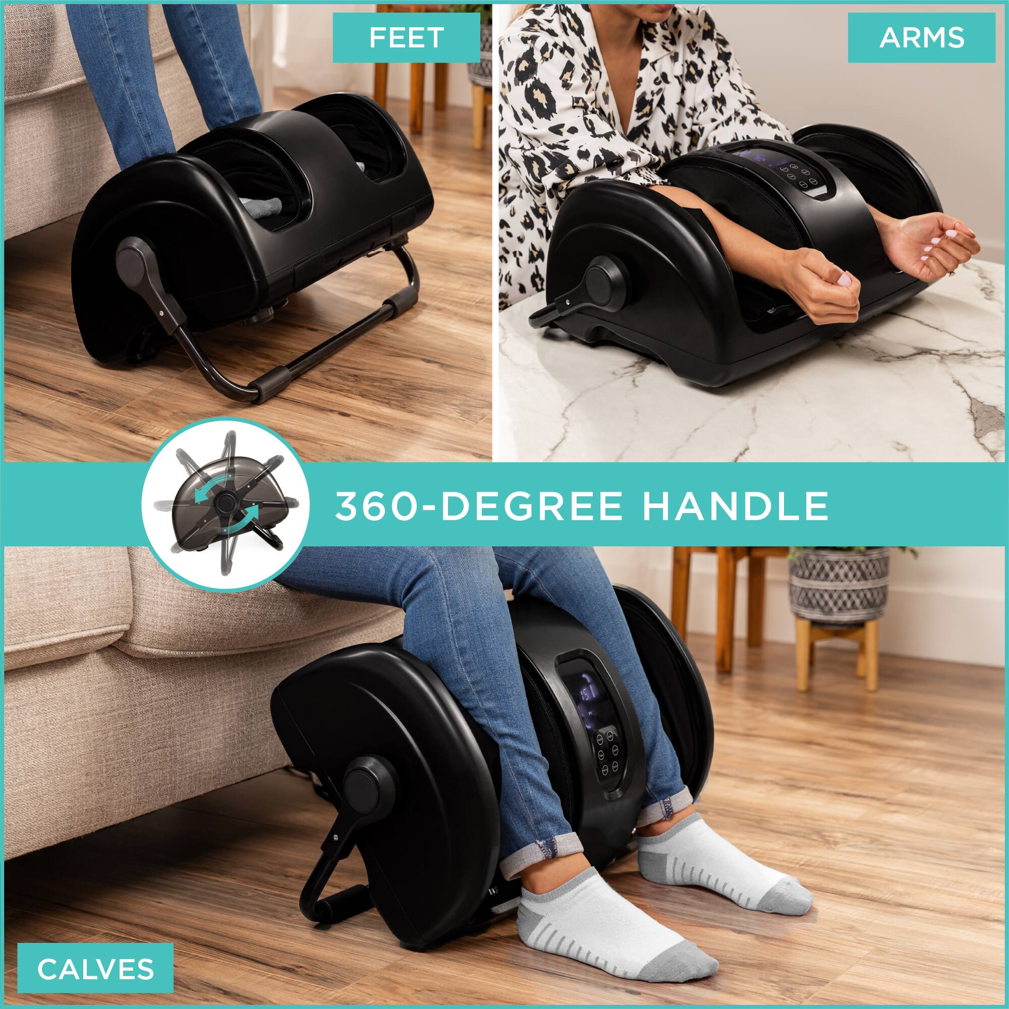 The text in the image can be grouped and corrected as follows:

- **FEET**: The device is used for the feet.
- **ARMS**: The device is used for the arms.
- **CALVES**: The device is used for the calves.
- **360-DEGREE HANDLE**: The device features a 360-degree handle.