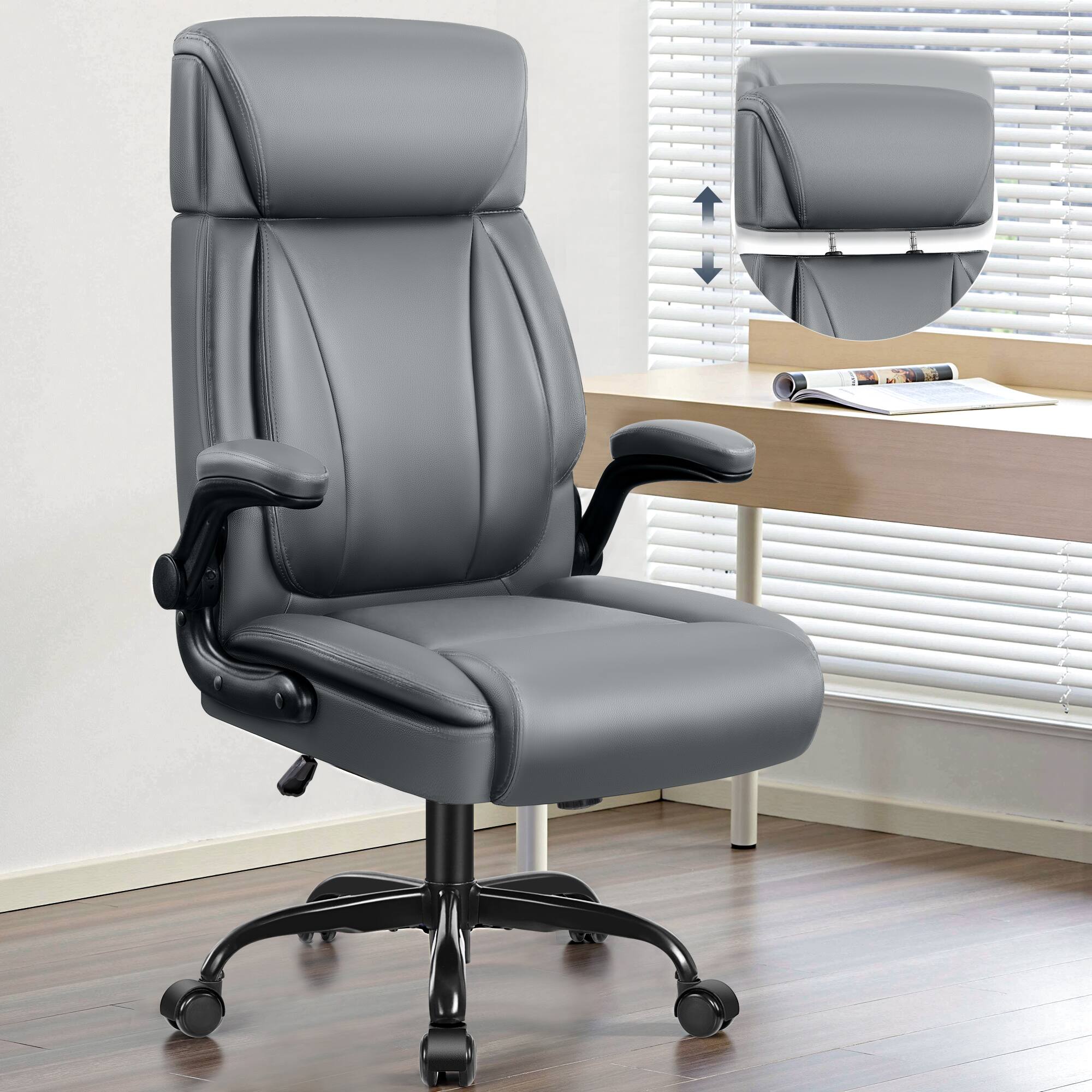 Alt View 4. KERDOM - Ergonomic Office Chair with Lifting Headrest, Adjustable Executive PU Leather Chair, Filp-up Armrests, Tilt PC Chair - Grey.