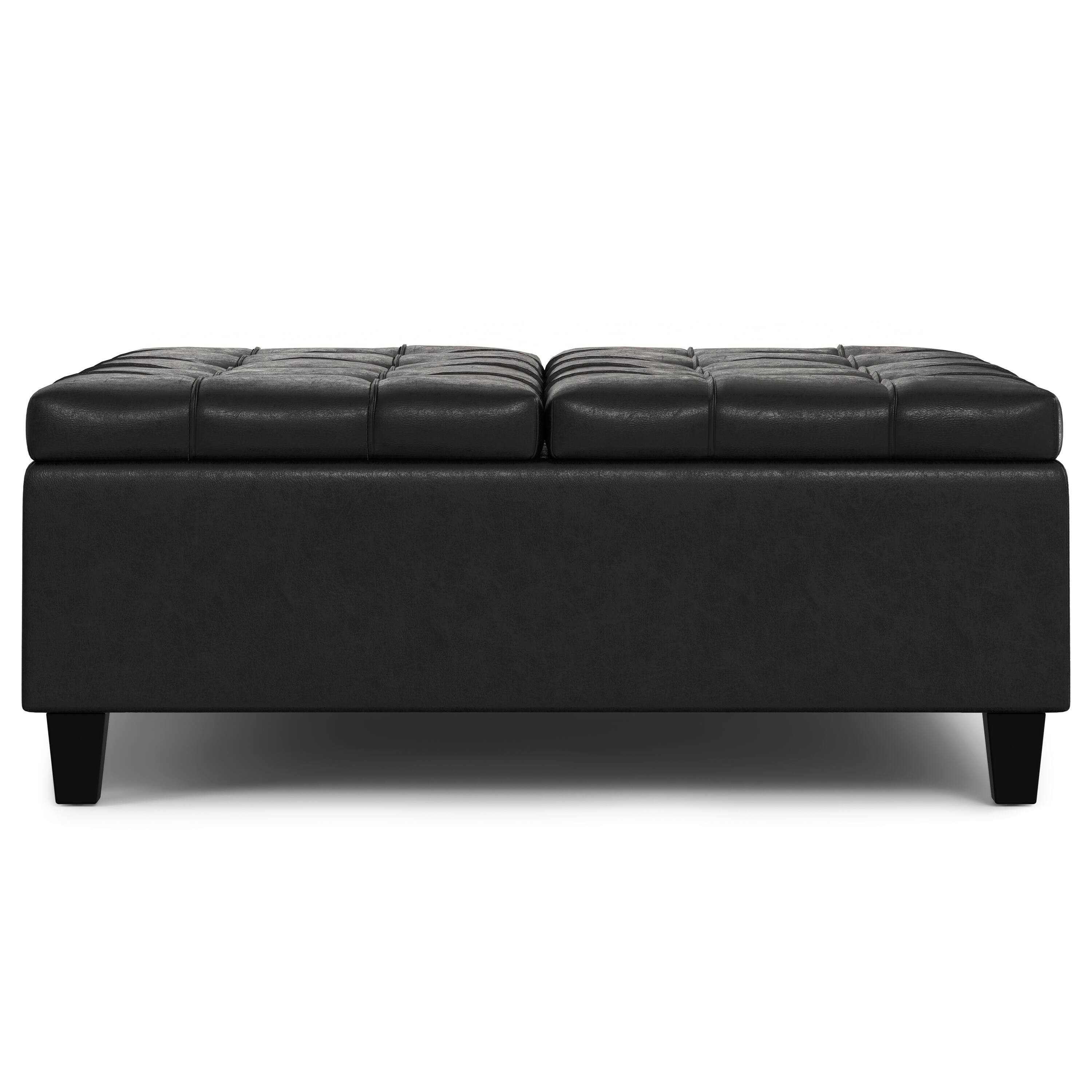 Left. Simpli Home - Harrison 40 inch Wide Large Square Coffee Table Storage Ottoman in Distressed Black Vegan Leather - Distressed Black.