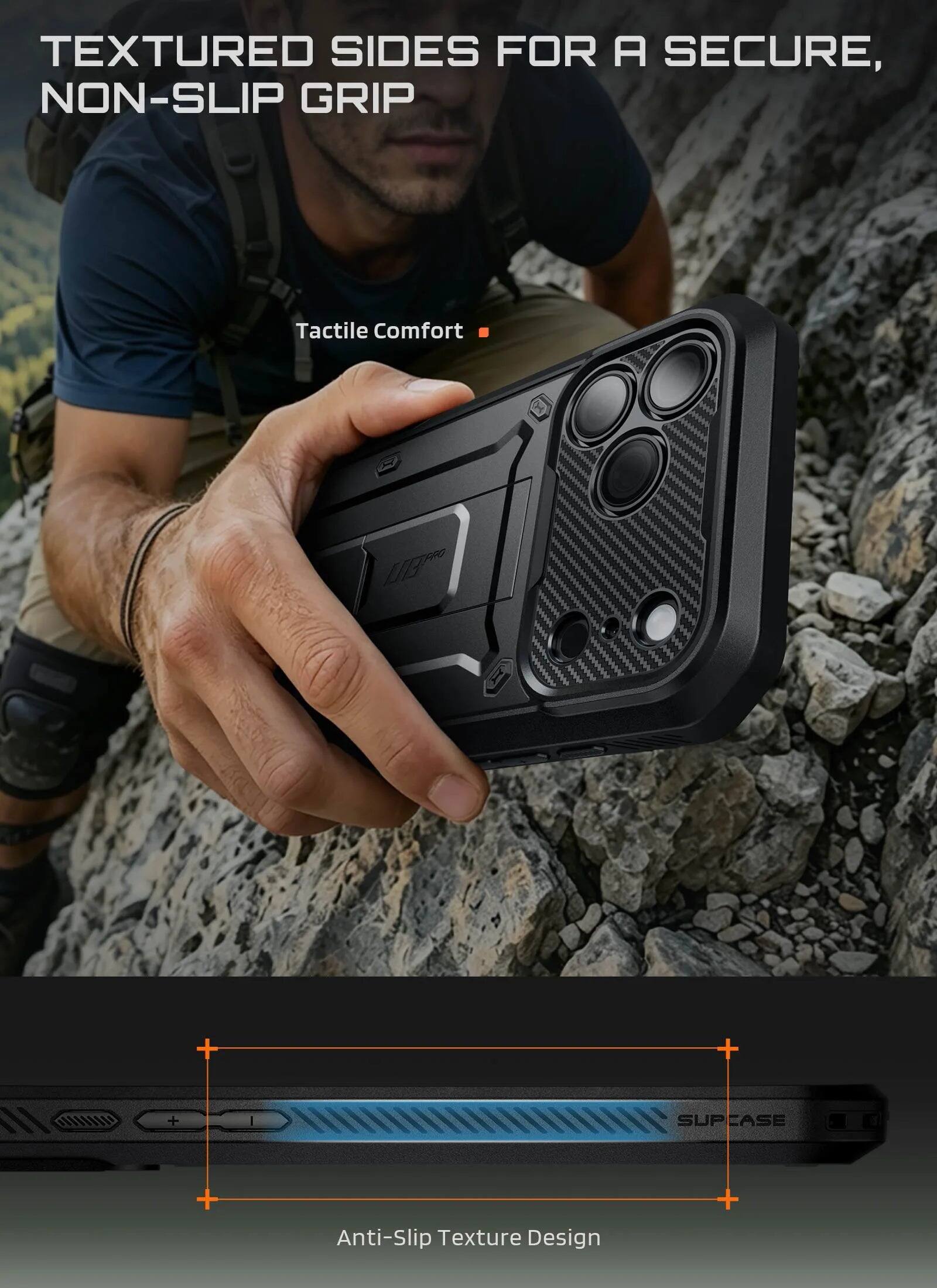 TEXTURED SIDES FOR A SECURE, NON-SLIP GRIP

Tactile Comfort

Anti-Slip Texture Design