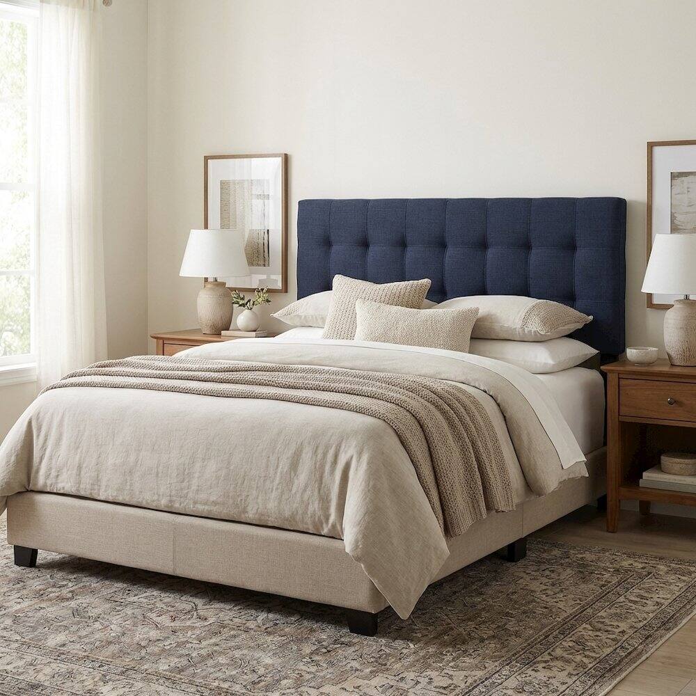 Left. FurniFact - Upholstered Fabric King Headboard with Soft Padding and Elegant Design - Blue.