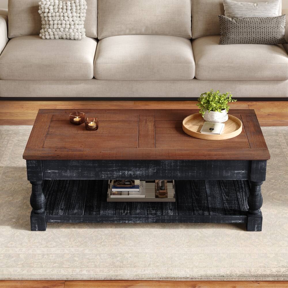 Left. Loheer - Loheer retro lift-top coffee table with hidden compartments and solid wood frame - Antique Espresso.