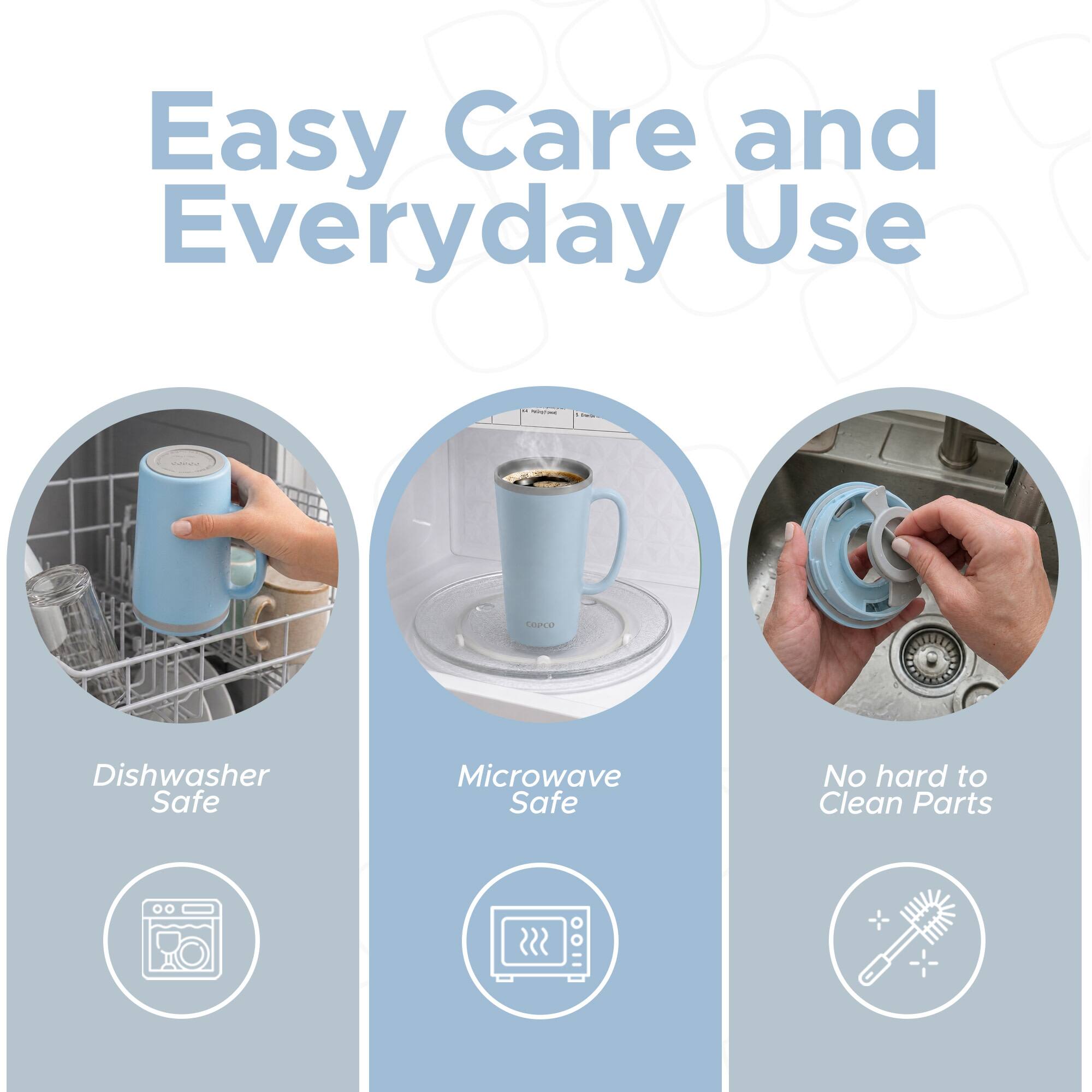 Easy Care and Everyday Use

- Dishwasher Safe
- Microwave Safe
- No hard to Clean Parts