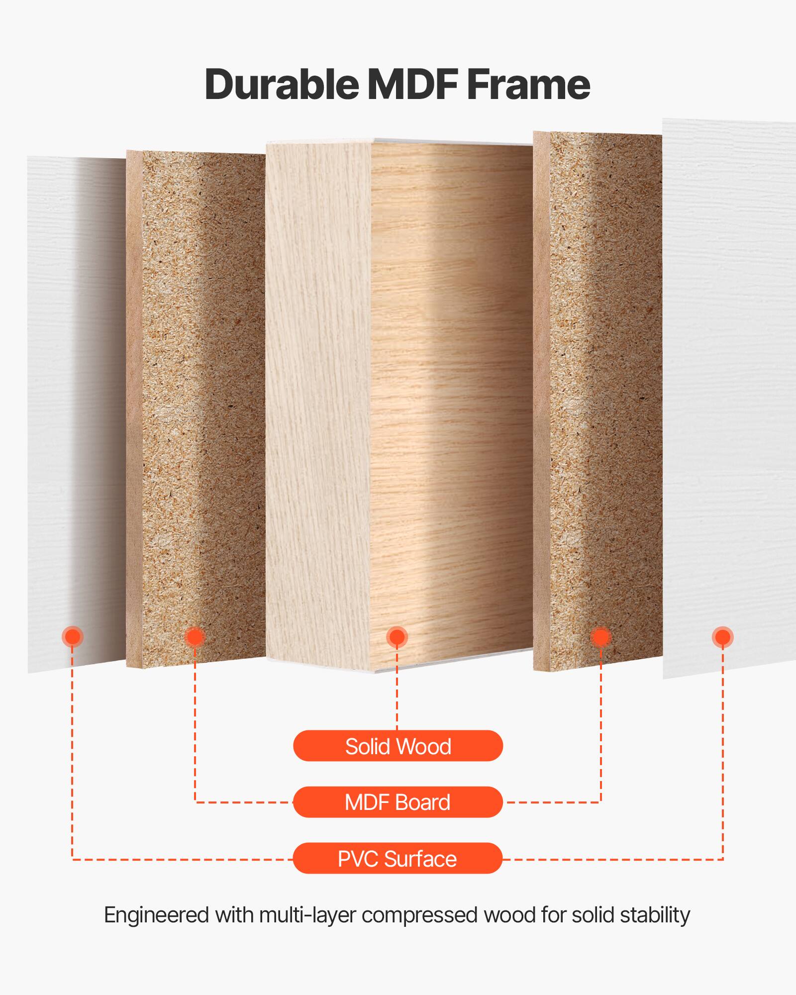 Durable MDF Frame

Solid Wood
MDF Board
PVC Surface

Engineered with multi-layer compressed wood for solid stability
