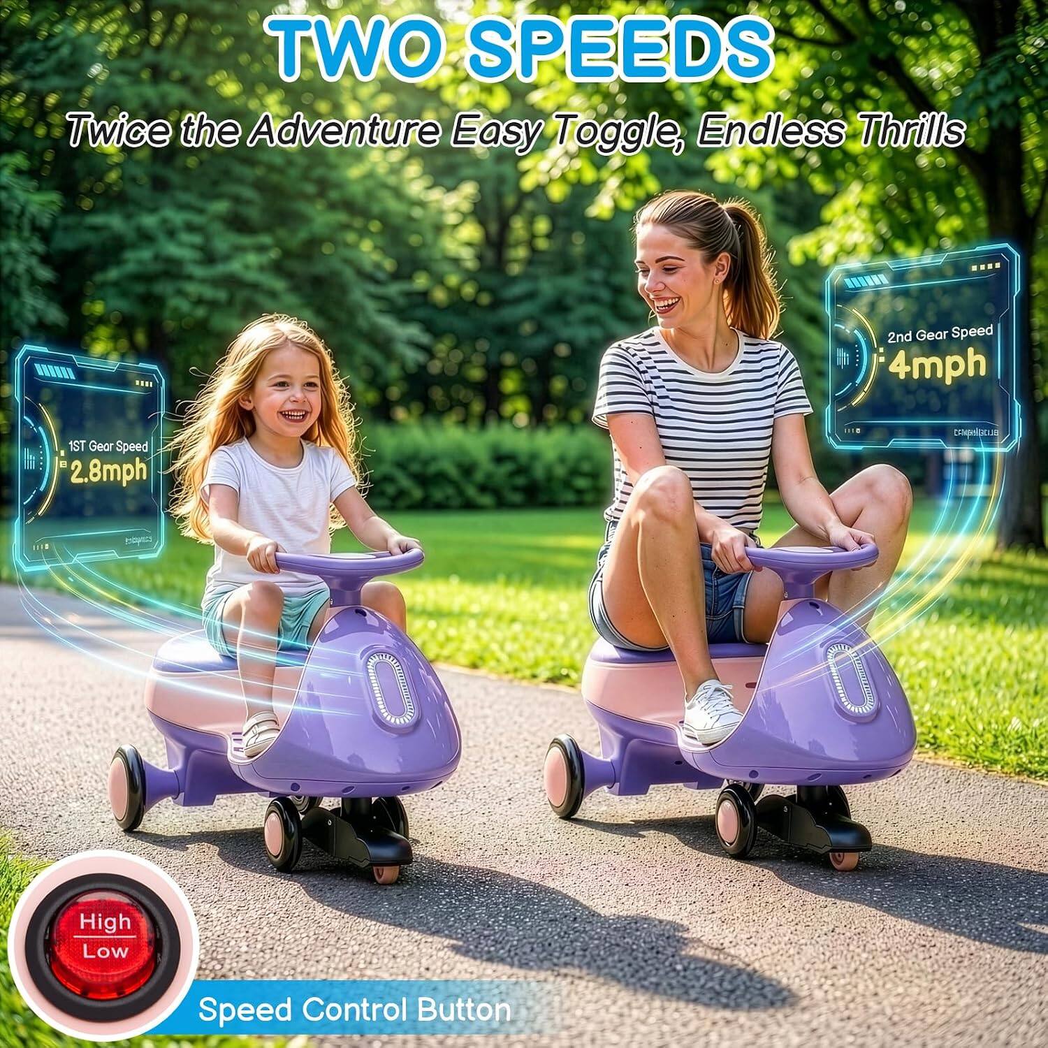 TWO SPEEDS  
Twice the Adventure Easy Toggle, Endless Thrills  

1ST Gear Speed: 2.8mph  
2nd Gear Speed: 4mph  

High Low  
Speed Control Button