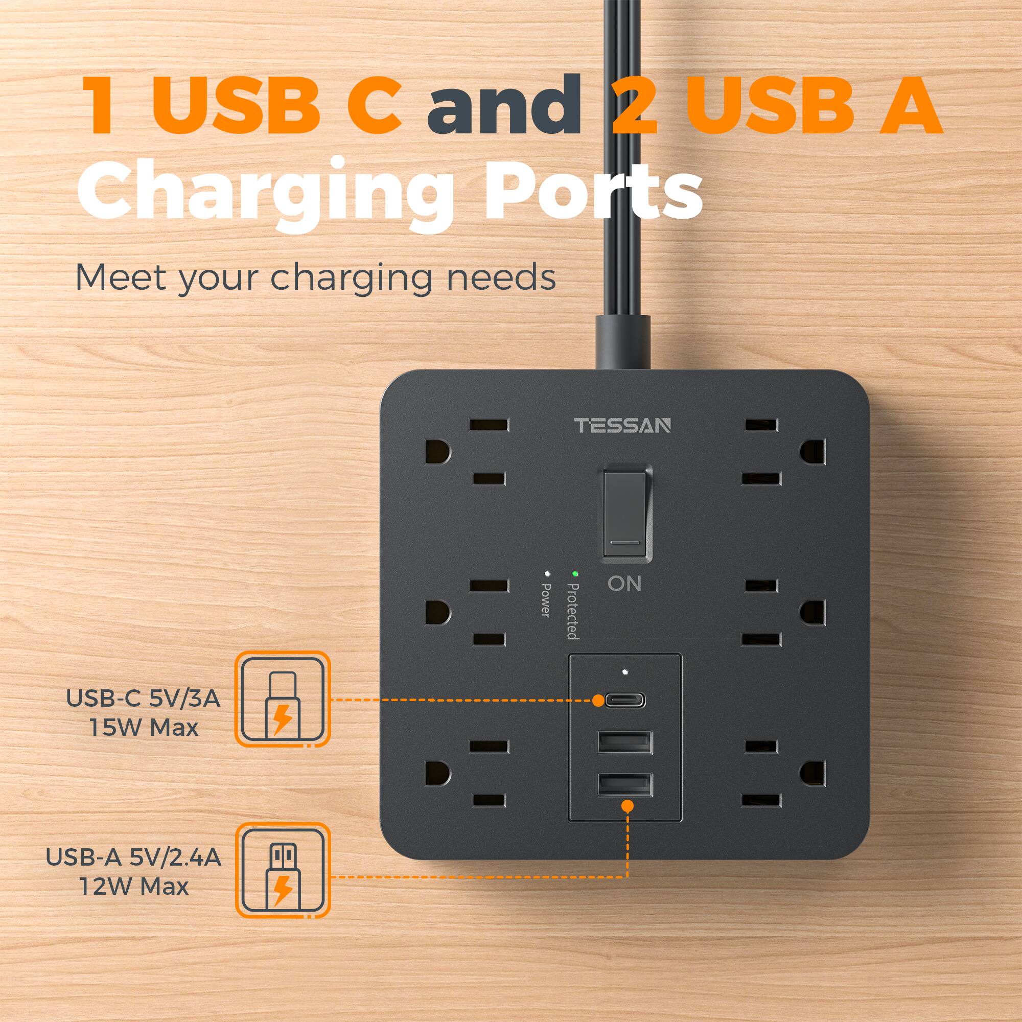 1 USB C and 2 USB A Charging Ports  
Meet your charging needs  

TESSAN Power Protected  

USB-C 5V/3A 15W Max  
USB-A 5V/2.4A 12W Max