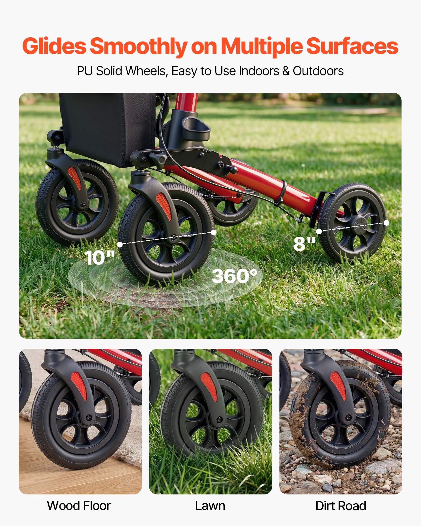 Glides Smoothly on Multiple Surfaces  
PU Solid Wheels, Easy to Use Indoors & Outdoors  

10"  
8"  
360°  

Wood Floor  
Lawn  
Dirt Road