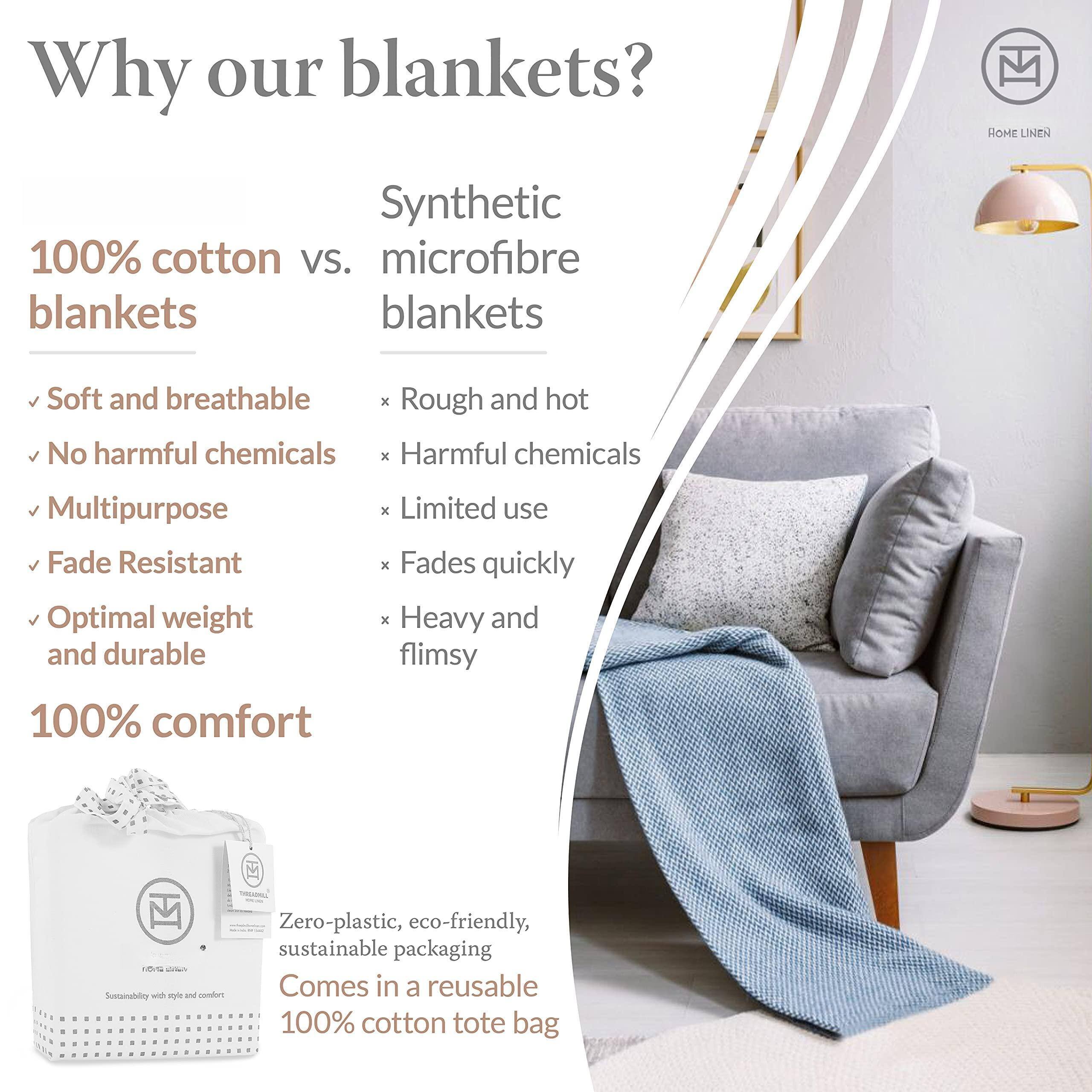 Why our blankets?

100% cotton vs. microfibre blankets

- Soft and breathable
- No harmful chemicals
- Multipurpose
- Fade Resistant
- Optimal weight and durable

100% comfort

Synthetic microfibre blankets

- Rough and hot
- Harmful chemicals
- Limited use
- Fades quickly
- Heavy and flimsy

Zero-plastic, eco-friendly, sustainable packaging

Comes in a reusable 100% cotton tote bag