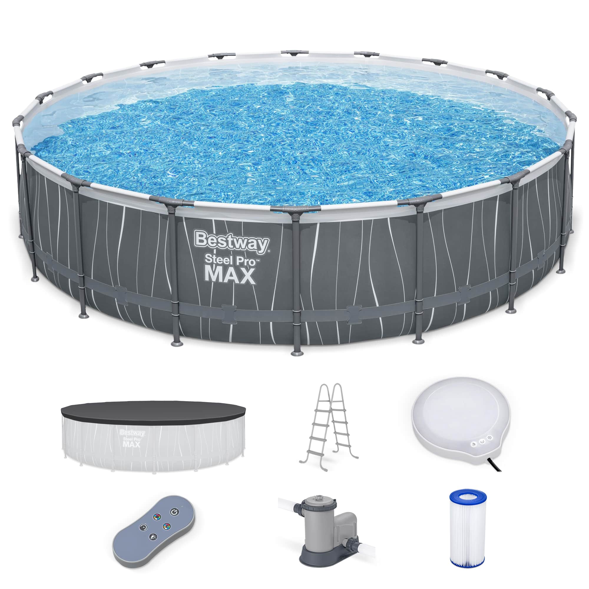 Bestway - Steel Pro MAX 18' x 48" Round Above Ground Pool Set w/LED Light & Remote - Grey Print LED
