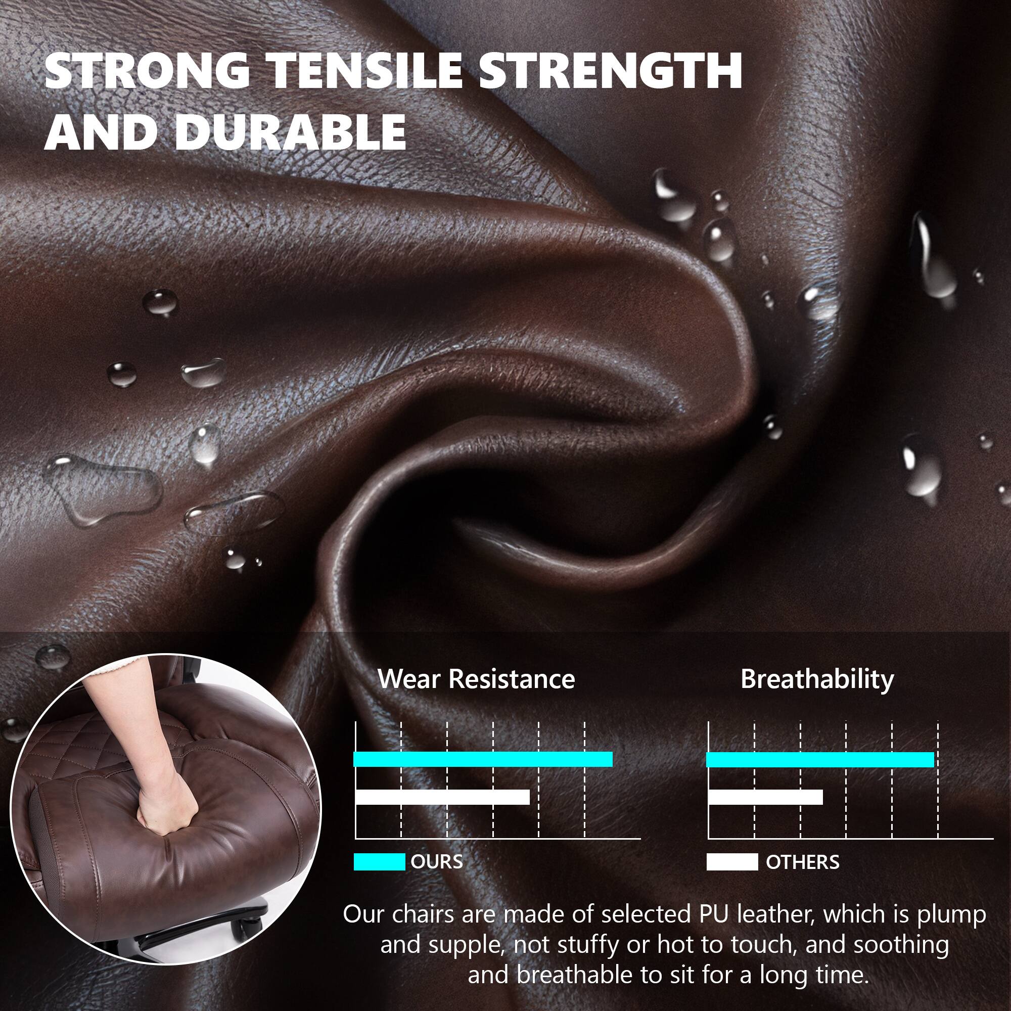 STRONG TENSILE STRENGTH AND DURABLE

Wear Resistance
Breathability

OURS
OTHERS

Our chairs are made of selected PU leather, which is plump and supple, not stuffy or hot to touch, and soothing and breathable to sit for a long time.