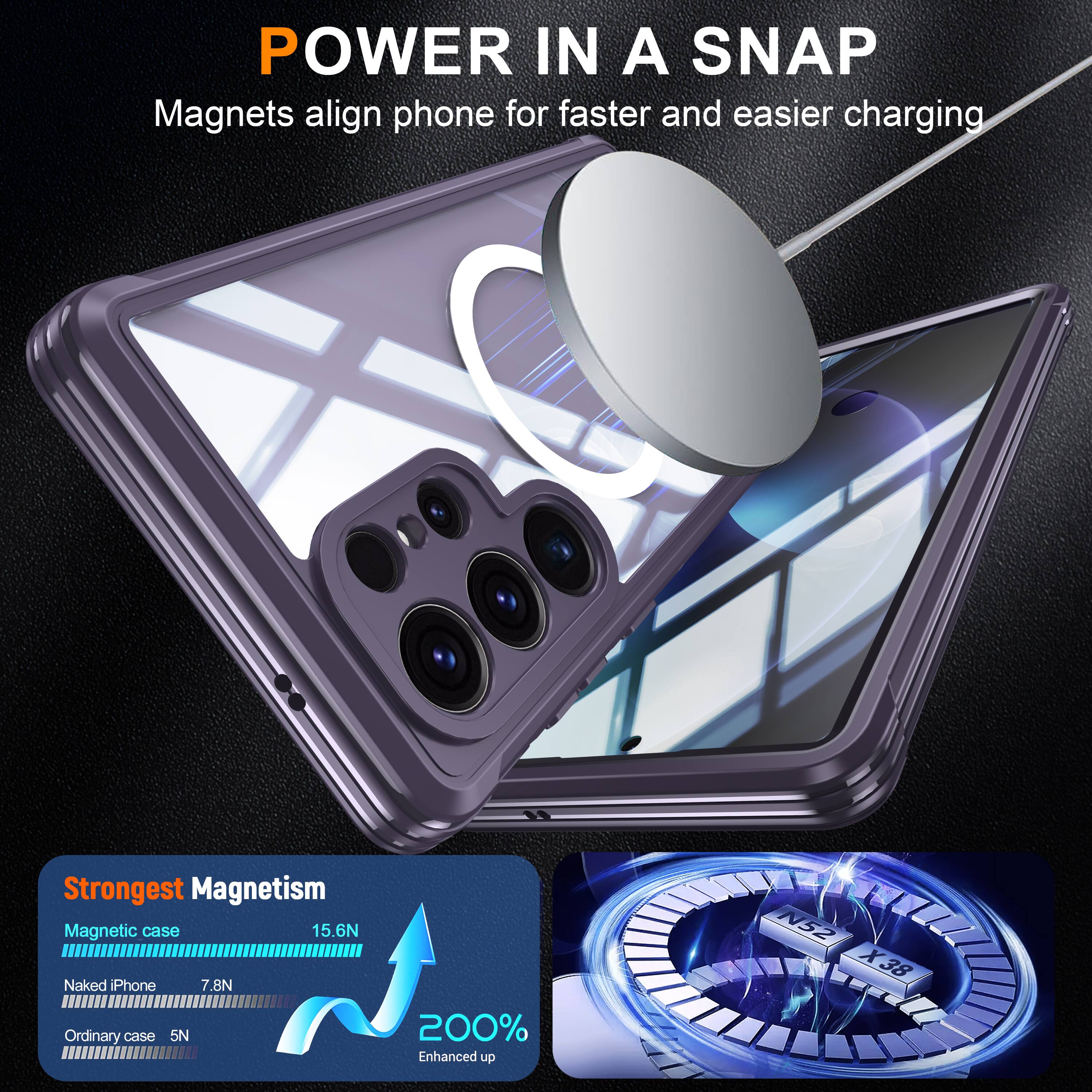 POWER IN A SNAP  
Magnets align phone for faster and easier charging  

Strongest Magnetism  
Magnetic case 15.6N  
Naked Phone 7.8N  
Ordinary case 5N  

200% Enhanced up  
N52 X38