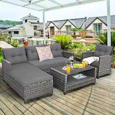 Front. Costway - Costway 4PCS Patio Rattan Furniture Set Cushioned Loveseat Table Shelf - Mix Gray + Gray.