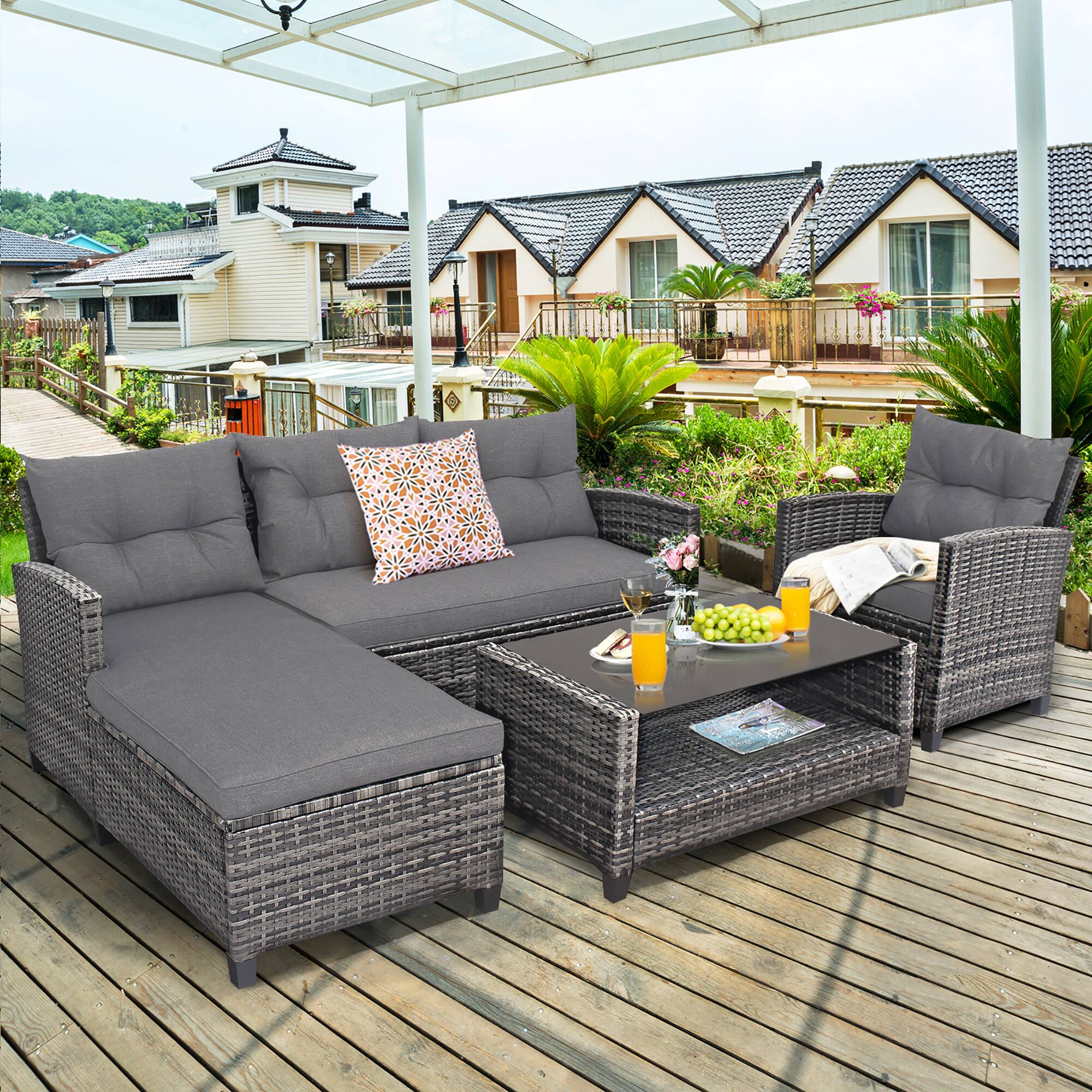Alt View 1. Costway - Costway 4PCS Patio Rattan Furniture Set Cushioned Loveseat Table Shelf - Gray.