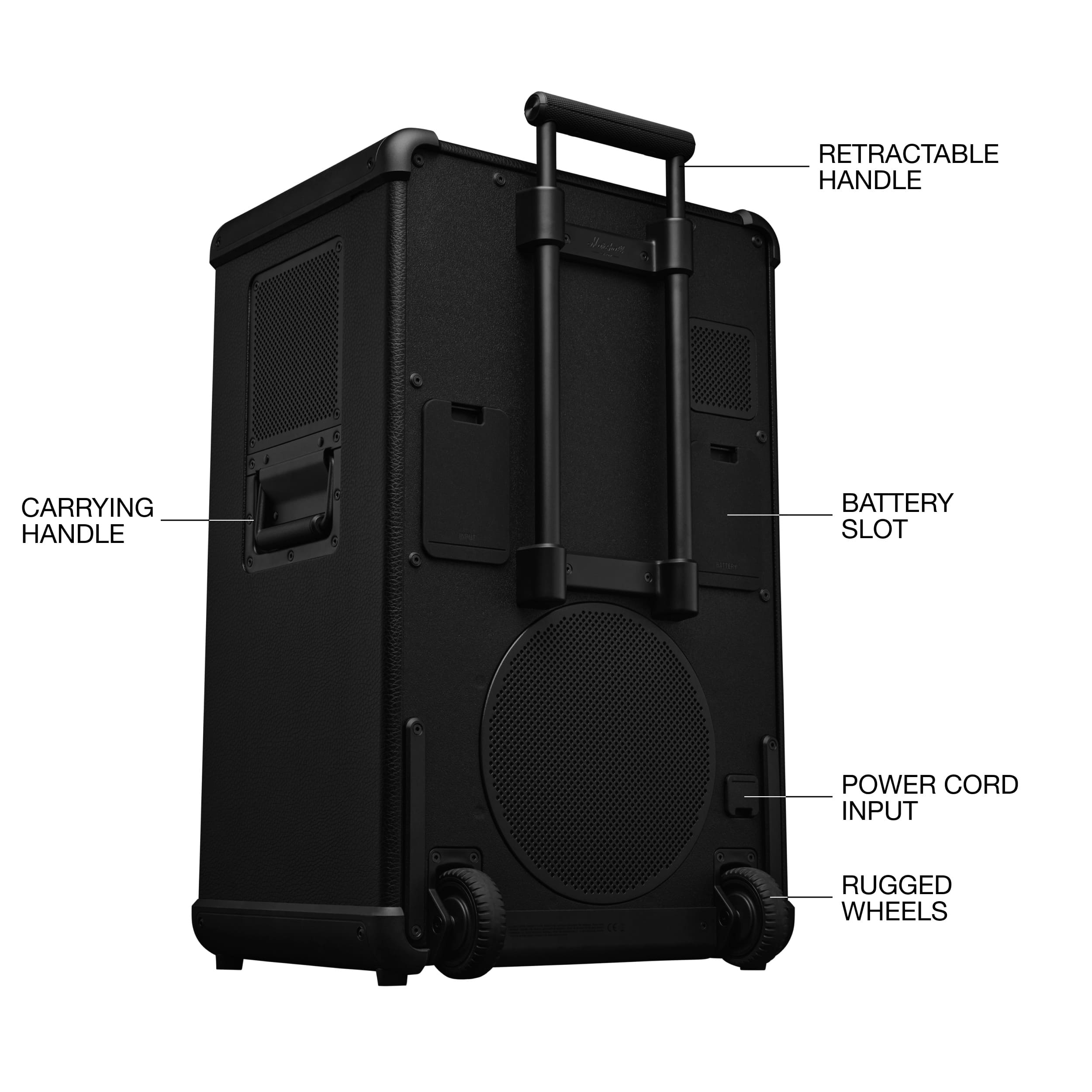 RETRACTABLE HANDLE
CARRYING HANDLE
BATTERY SLOT
POWER CORD INPUT
RUGGED WHEELS