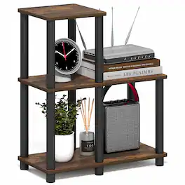 Furinno - TURN-N-TUBE Storage Shelves, 3-Tier Ladder Book Shelf with Open Frame Design, 3-Cube Toolless Corner Shelf - Amber Pine/Black