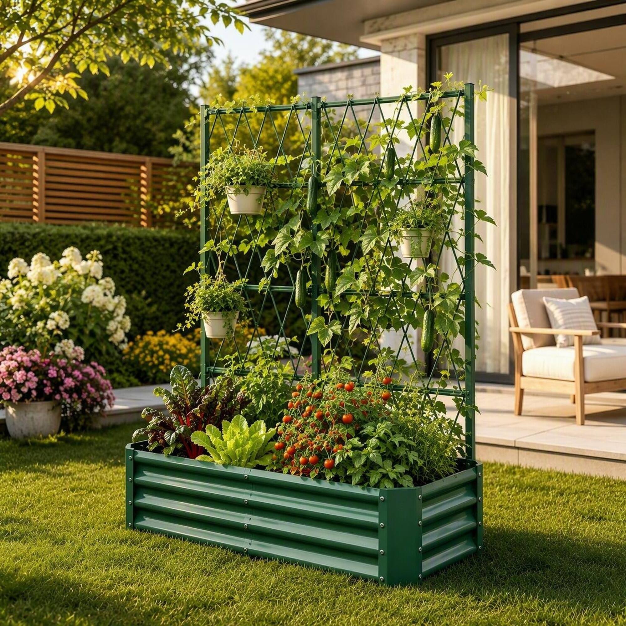 Left. RYHNUYNE - Galvanized Raised Garden Bed 4x2x1ft with Arch Trellis for Climbing Vegetables, Heavy Duty Metal Planter Box - Green.