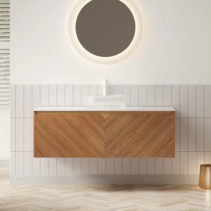 Front. Boyel Living - 48 Bathroom Vanity with Transparent Round Glass Vessel Basin Carrara White Sintered Stone Corolla Oak - Carrara White,Oak,Transparent.