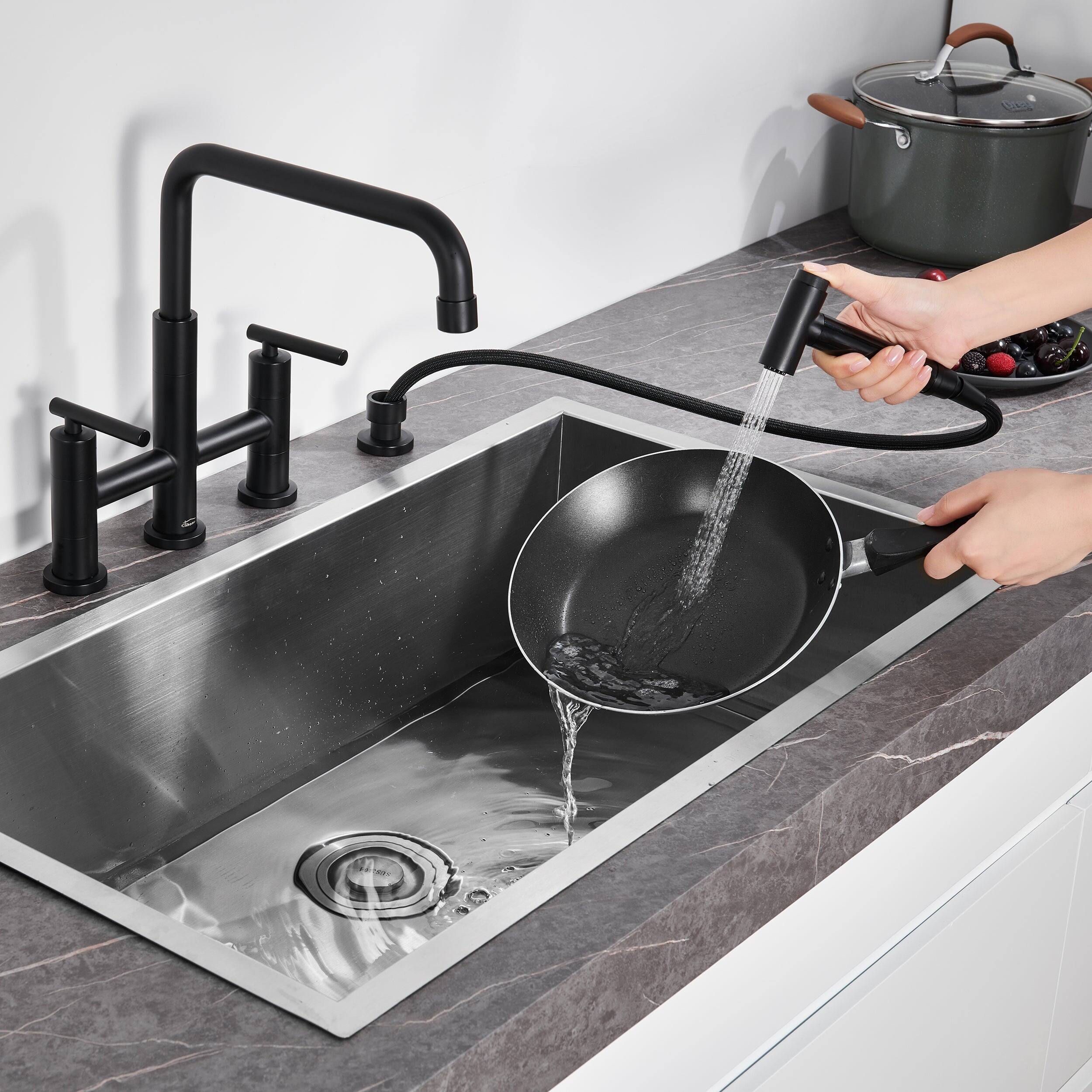 Alt View 8. Boyel Living - Double Handle 360 Degrees Rotation Bridge Kitchen Faucet with Pull-Out Side Sprayer and Ceramic Cartridge - Matte Black.