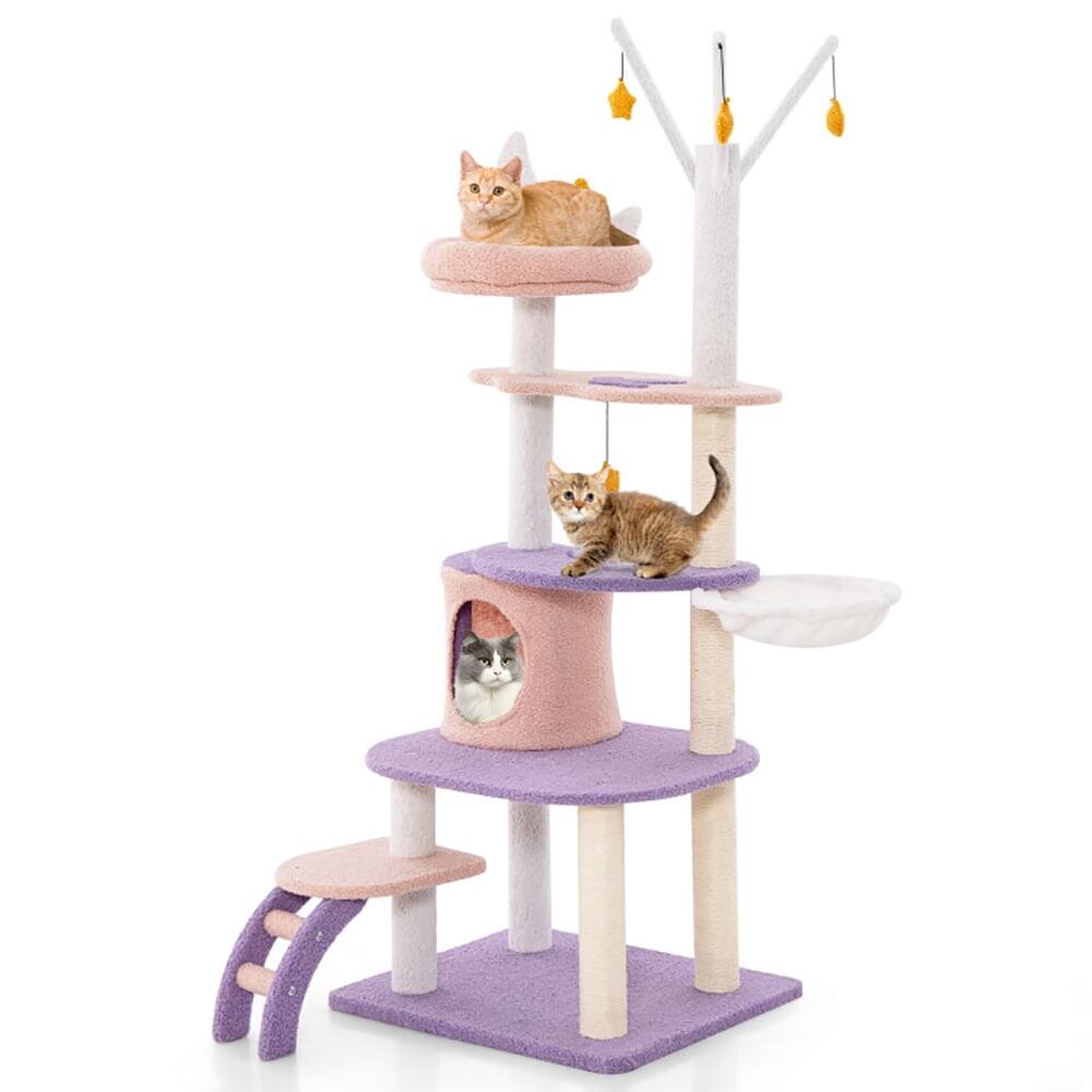 Angle. Kadyn - Cat Tower, Cat Tree for Indoor Cats, Multi-level Cat Tower with Sisal Covered Scratching Posts-M for Cats - Pink.