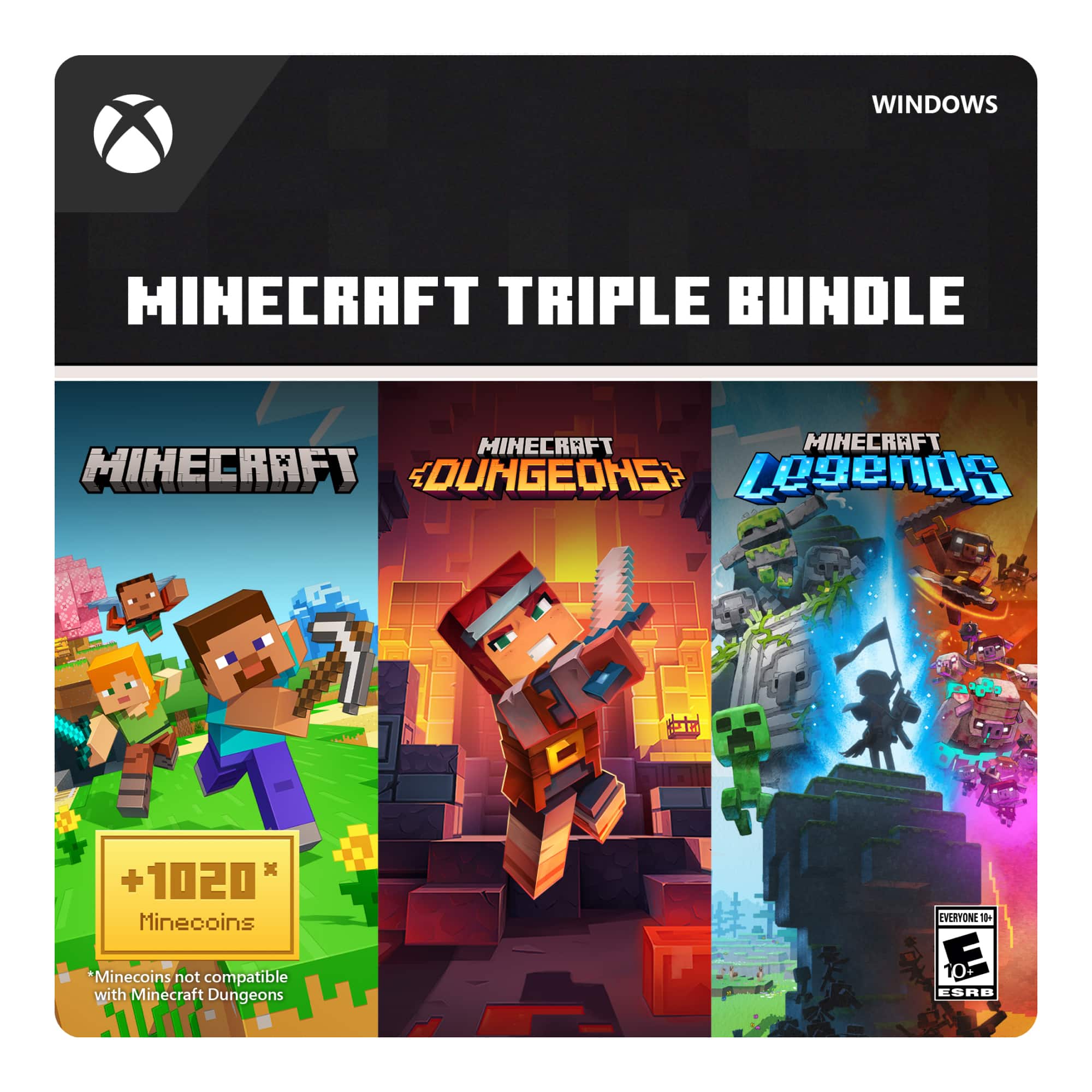 Windows Minecraft Triple Bundle Minecraft Minecraft Minecraft Dungeons + Legends +1020 Minecoins *Minecoins not compatible with Minecraft Dungeons EVERYONE 10+