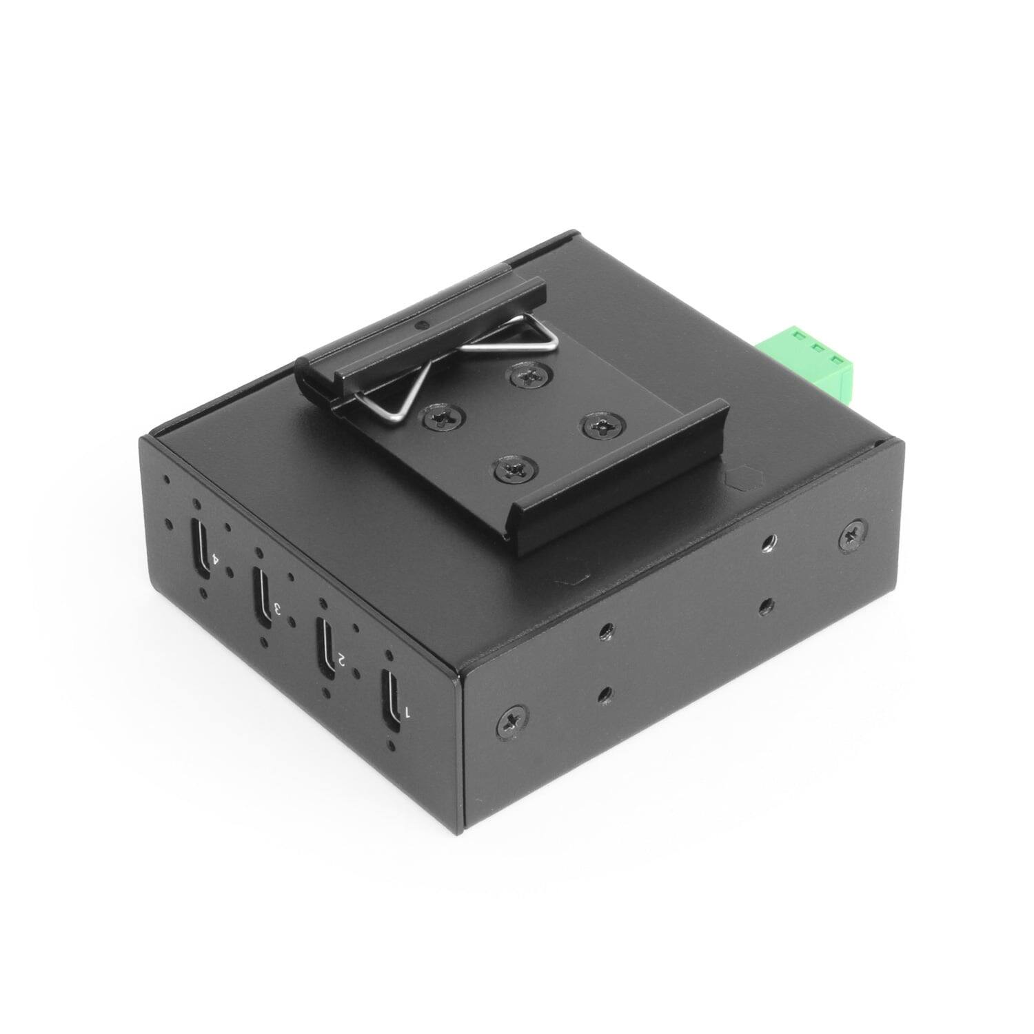 Left. Gearmo - 4-Port USB 3.2 Gen 2 Hub - 10Gbps - Slim Profile - Surface & DIN Rail Mountable - Powered Via 3-Pin Terminal Block - Black.