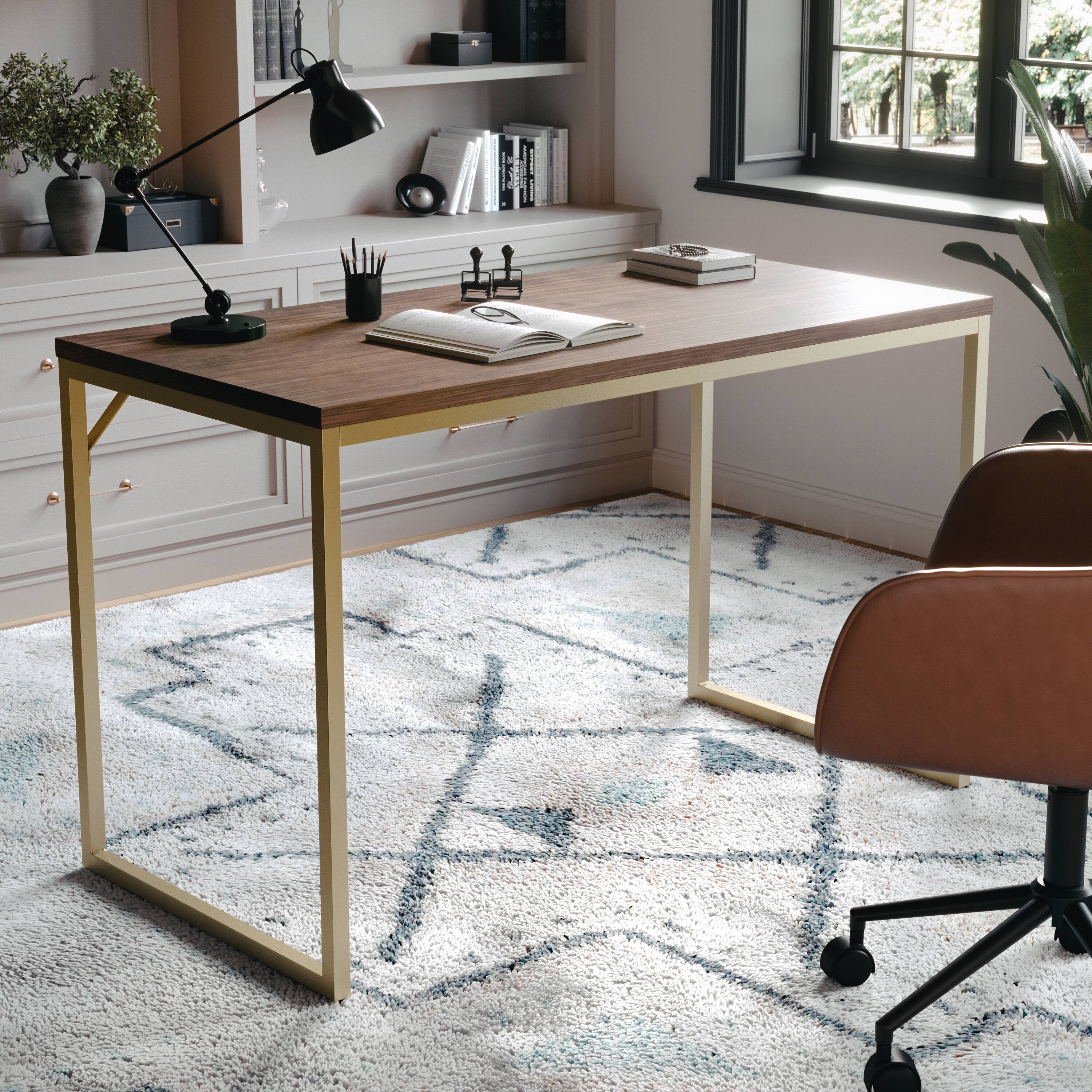Alt View 11. Martha Stewart - Noah Walnut Wood Grain Parsons Desk - Walnut Top/Polished Brass Frame.