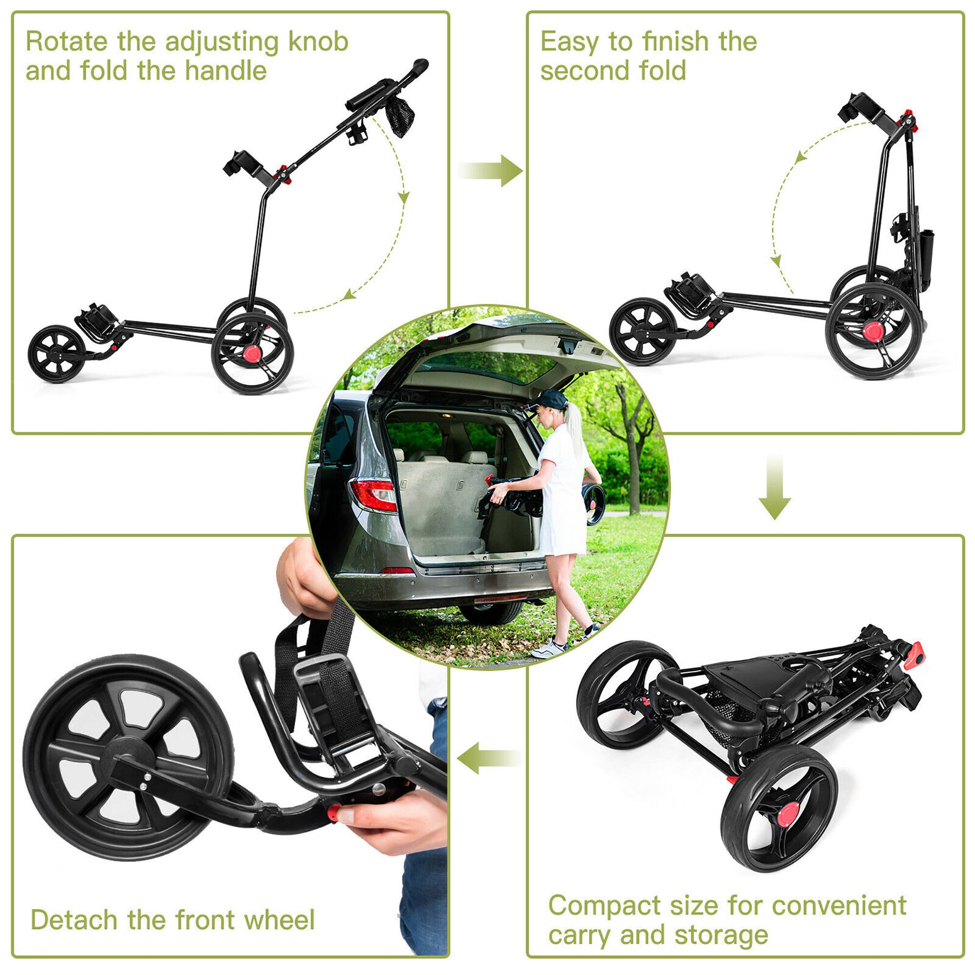 Rotate the adjusting knob and fold the handle  
Easy to finish the second fold  
Detach the front wheel  
Compact size for convenient carry and storage