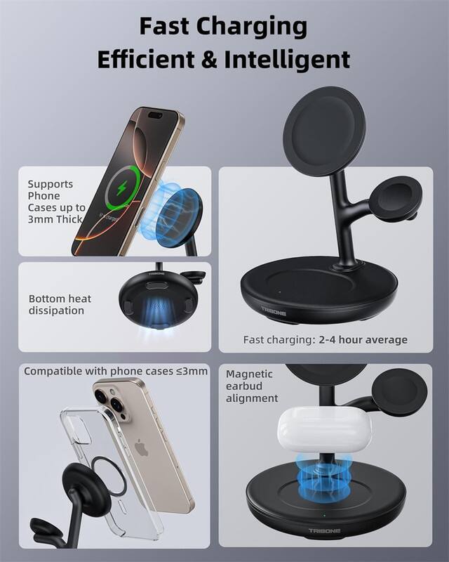 Fast Charging  
Efficient & Intelligent  

- Supports Phone Cases up to 3mm Thick  
- Bottom heat dissipation  
- Fast charging: 2-4 hour average  
- Compatible with phone cases ≤3mm  
- Magnetic earbud alignment