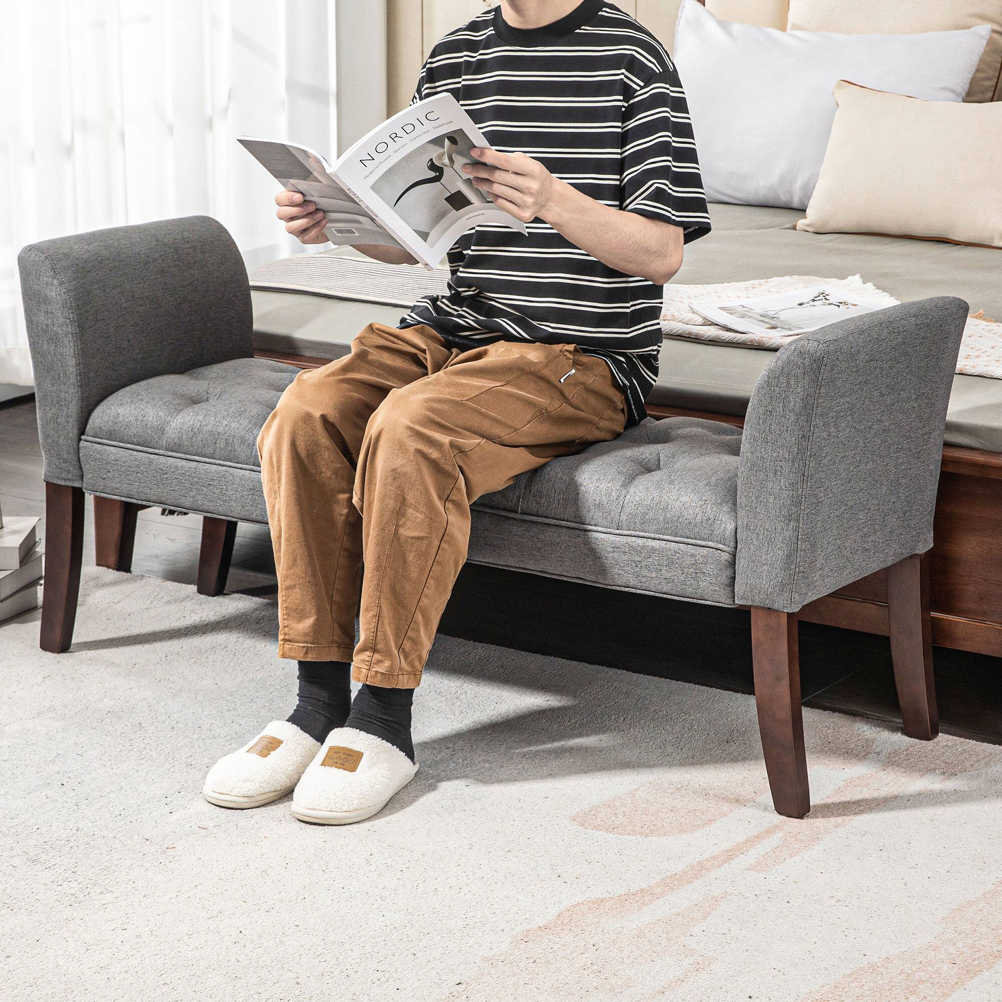 Alt View 1. Durhand - End of Bed Bench with Button Tufted Design, Upholstered Bedroom Entryway Bench with Arms and Solid Wood Legs - gray.