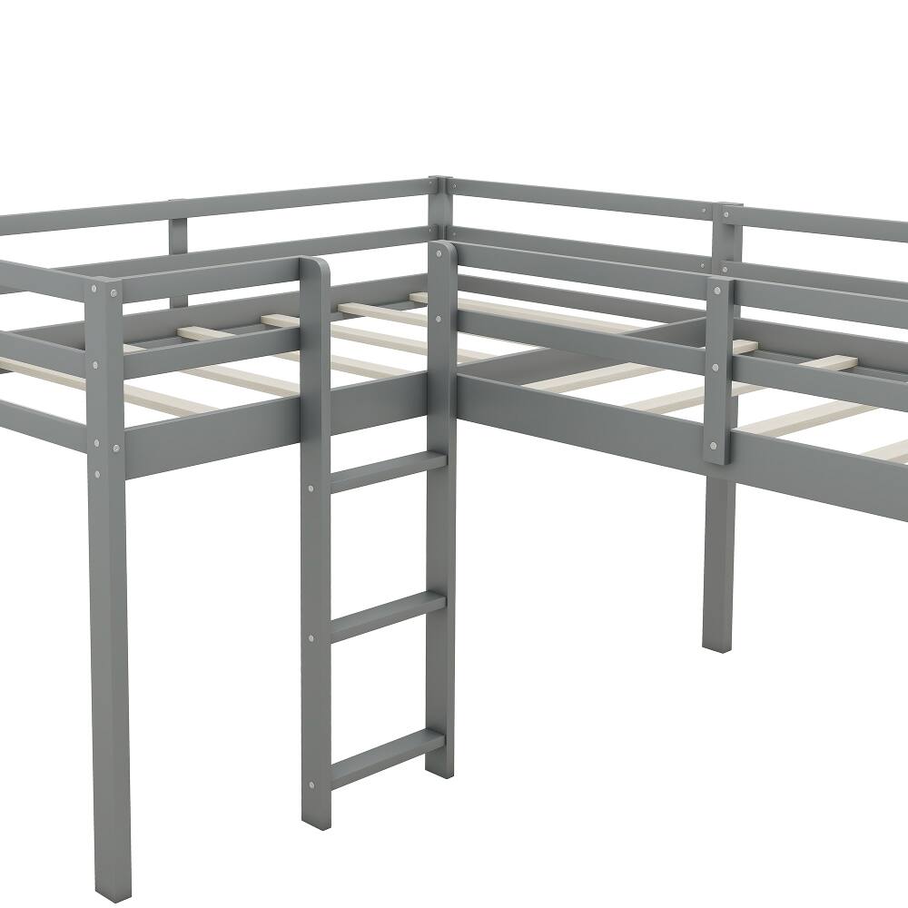 Alt View 10. Loheer - Loheer L-Shaped Twin Loft Bed with Slide and Ladder, Corner Loft Bed Frame for Kids, Solid Pine Wood, Gray - Gray.