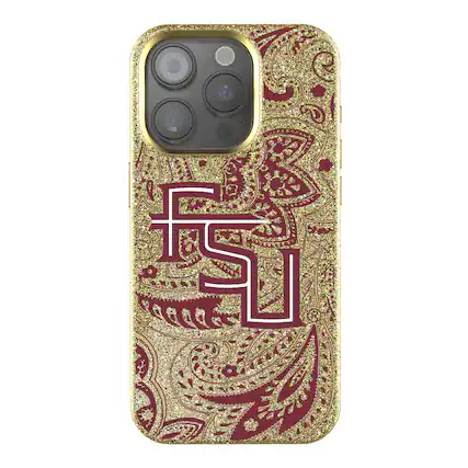 Front. Keyscaper - Florida State Seminoles Paisley Bling iPhone Case - 14 Pro - Gold.