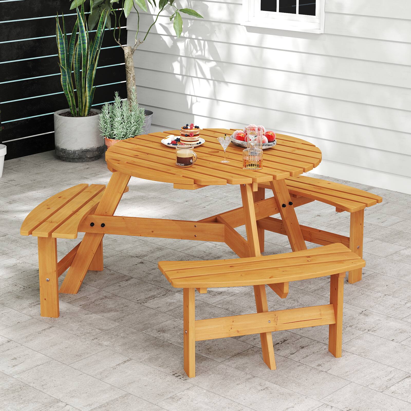 Alt View 1. Gymax - Gymax 6-Person Round Picnic Table Set w/ 3 Built-in Benches 2'' Umbrella Hole Yellow - Natural, Black.